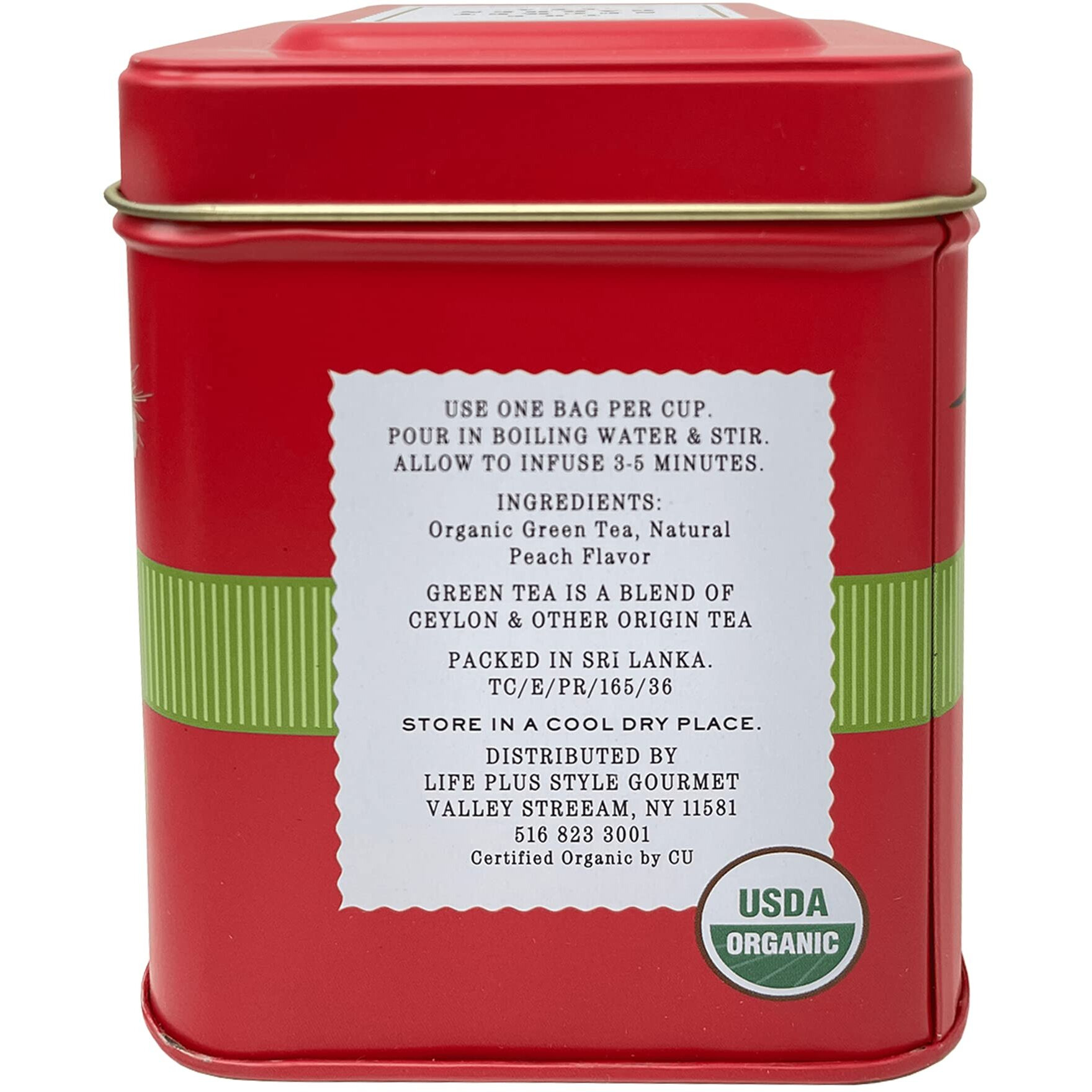 Organic Peach Ceylon Green Tea - 50 Packets - Natural Antioxidant Rich Herbal Leaf Teabags - Usda Certified 100% Non-Gmo - Caffeinated Designer Gift Tin