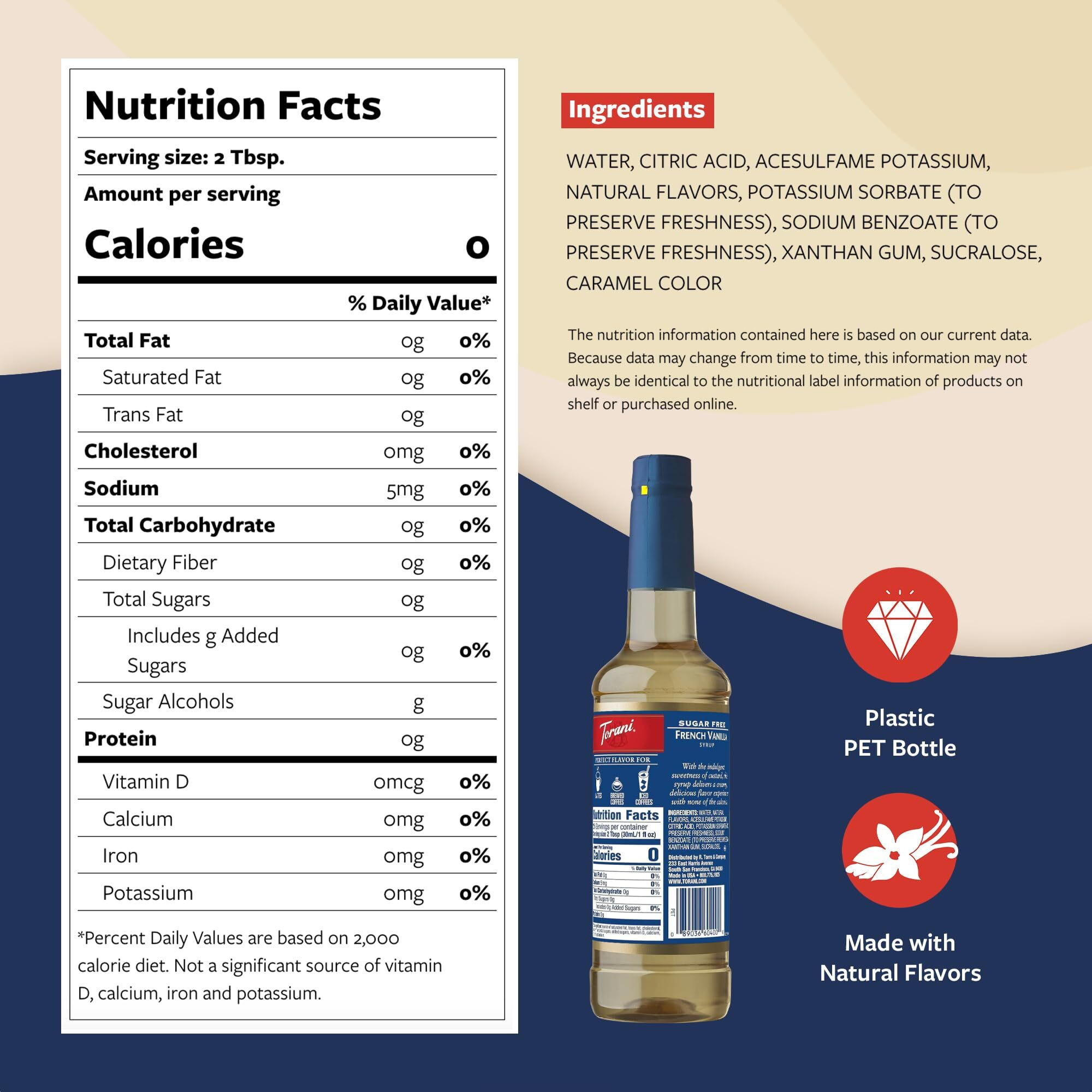 Torani Sugar Free Coffee Syrup, French Vanilla Flavored Syrup For Drinks, Zero Calorie, Pump Included, 25.4 Fl Oz