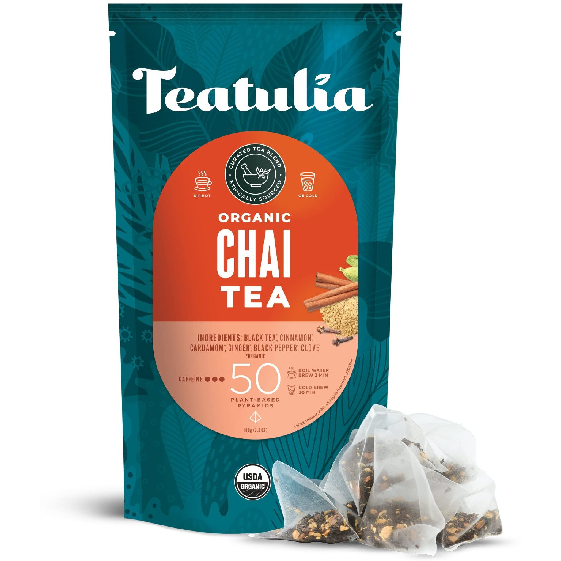 Teatulia Organic Masala Chai Tea Bags (50 Pyramid Sachet Teabags) Premium Whole Flower Chai Black Tea | 100% Compostable And Sustainably Grown In Bangladesh | Black Tea, Cinnamon, Cardamom, Ginger Root, Black Pepper & Cloves