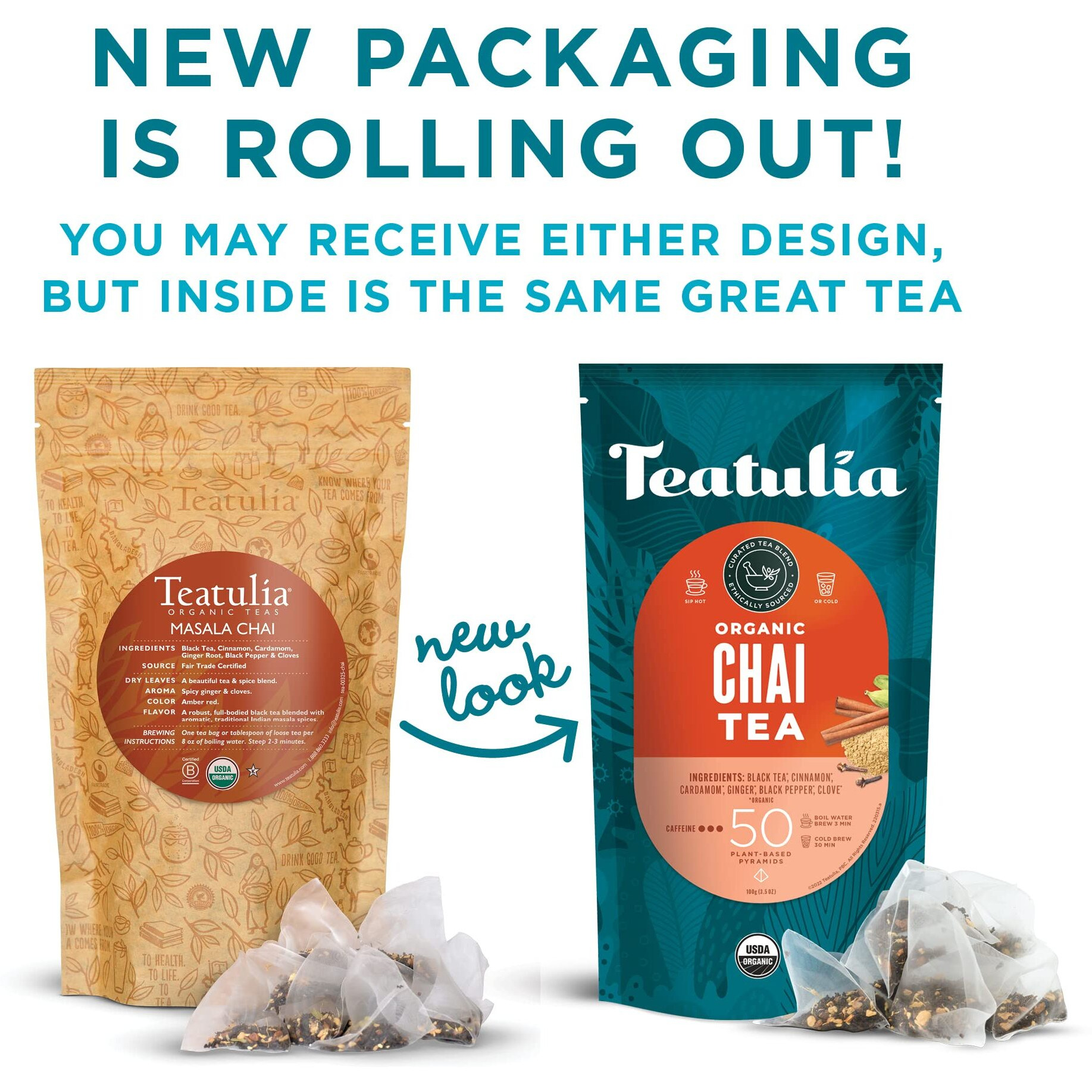 Teatulia Organic Masala Chai Tea Bags (50 Pyramid Sachet Teabags) Premium Whole Flower Chai Black Tea | 100% Compostable And Sustainably Grown In Bangladesh | Black Tea, Cinnamon, Cardamom, Ginger Root, Black Pepper & Cloves