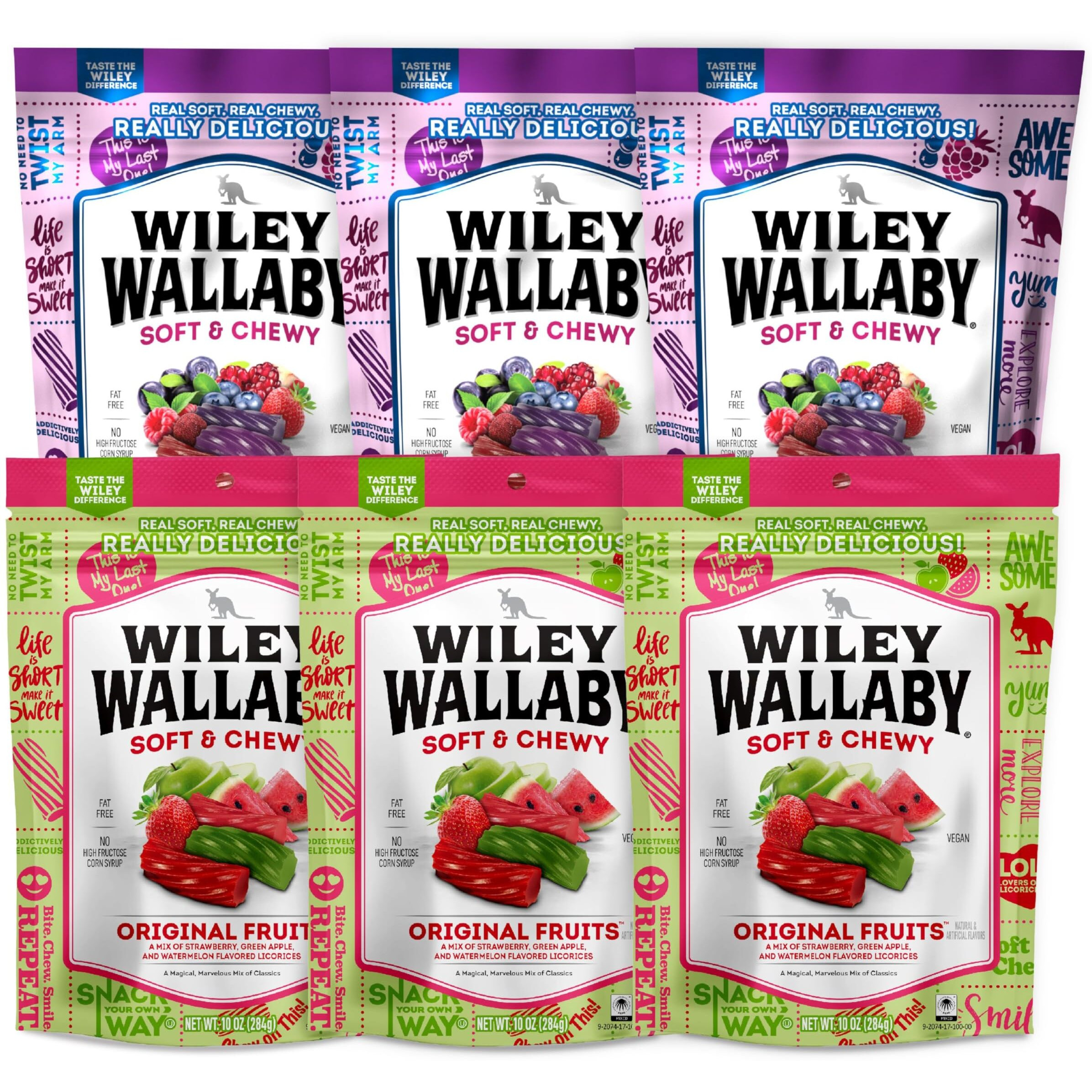 Wiley Wallaby Licorice 10 Ounce Variety Pack - Original Fruits And Blasted Berry Classic Gourmet Soft & Chewy Australian Licorice Candy - Pack Of 6