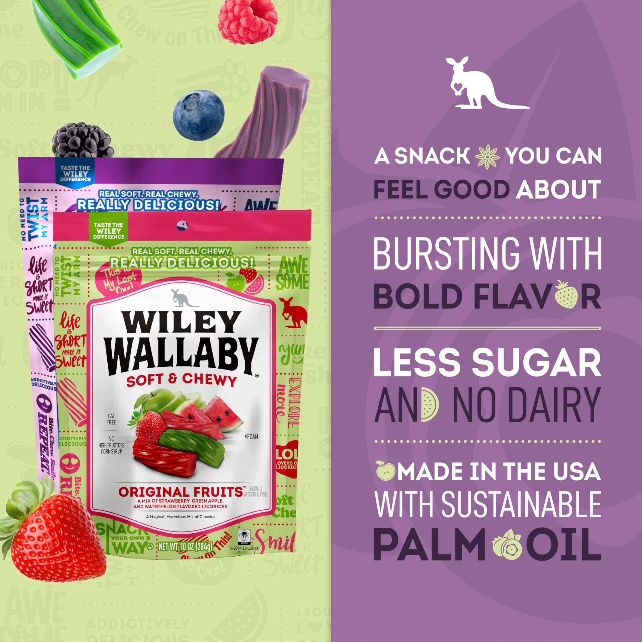 Wiley Wallaby Licorice 10 Ounce Variety Pack - Original Fruits And Blasted Berry Classic Gourmet Soft & Chewy Australian Licorice Candy - Pack Of 6