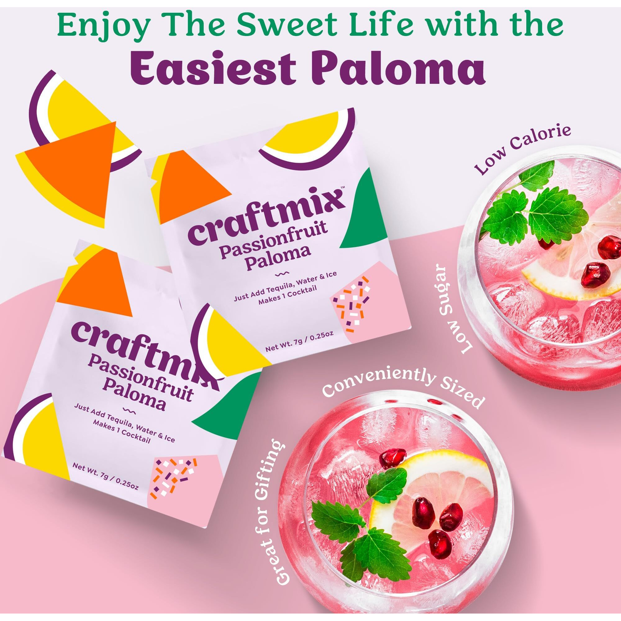 Craftmix Passionfruit Paloma, Makes 12 Drinks, Tequila Cocktail Mixers, Instant Skinny Cocktail And Mocktail Mix - With Real Fruit - Vegan Low Carb, Low Sugar, Non-Gmo, Gluten Free, Easy To Mix