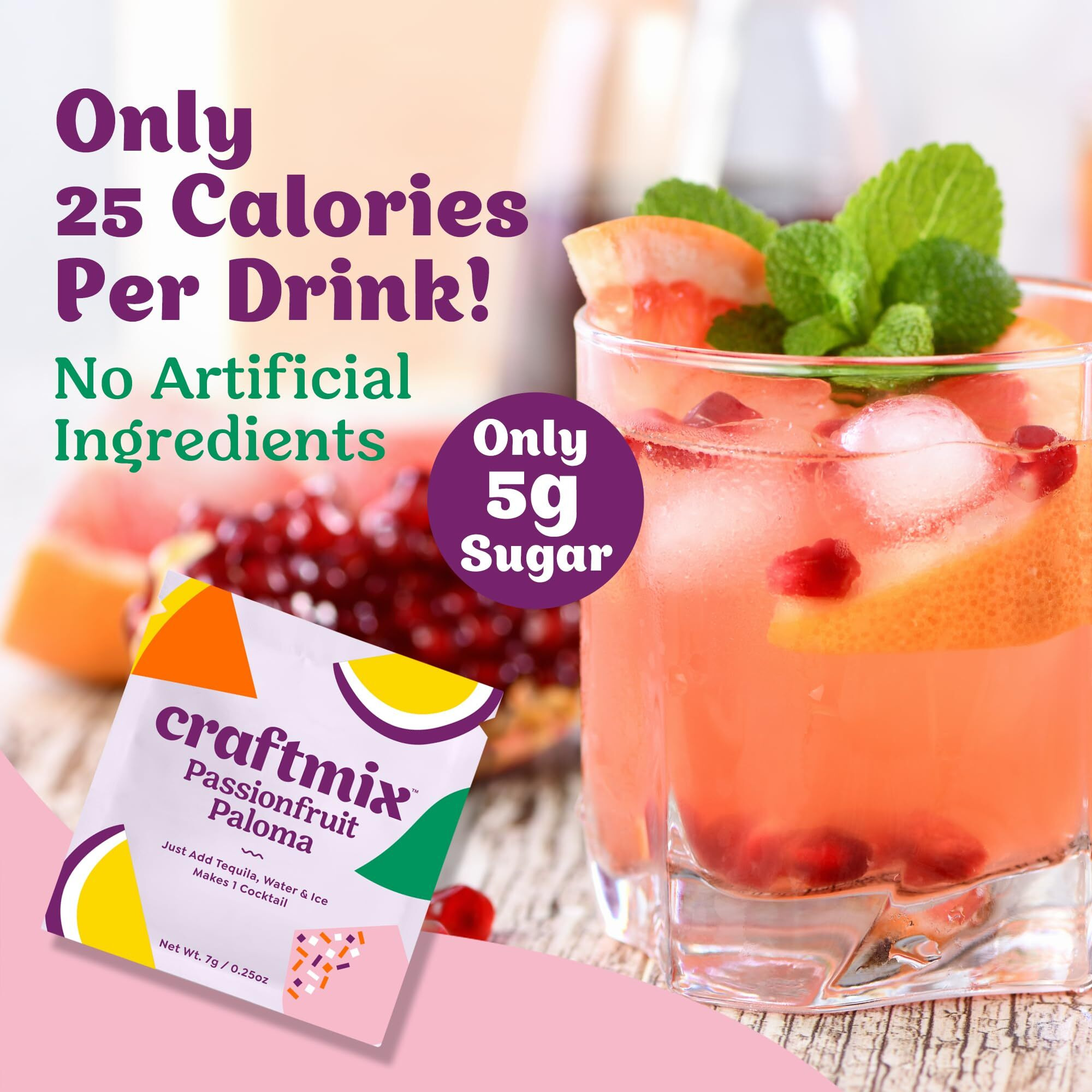 Craftmix Passionfruit Paloma, Makes 12 Drinks, Tequila Cocktail Mixers, Instant Skinny Cocktail And Mocktail Mix - With Real Fruit - Vegan Low Carb, Low Sugar, Non-Gmo, Gluten Free, Easy To Mix