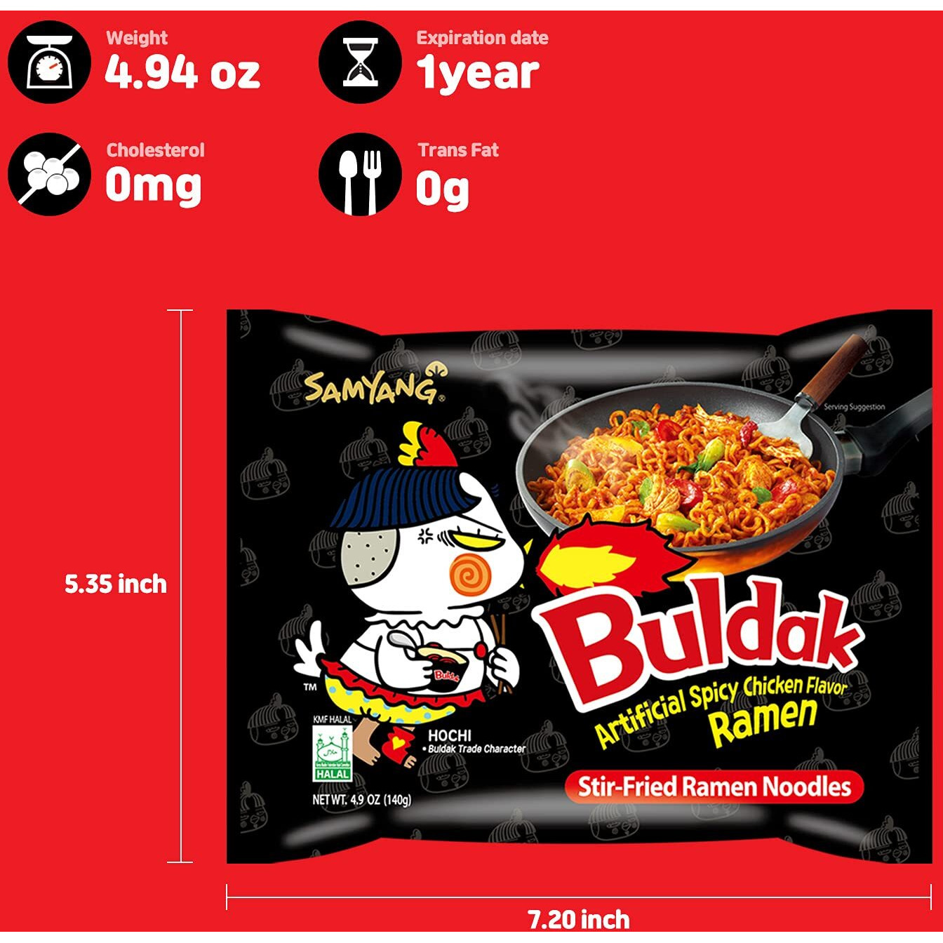 Samyang Buldak (Korean) Hot Spicy Chicken Stir Fried Ramen (Noodles) 4.94 Oz (Pack Of 40)