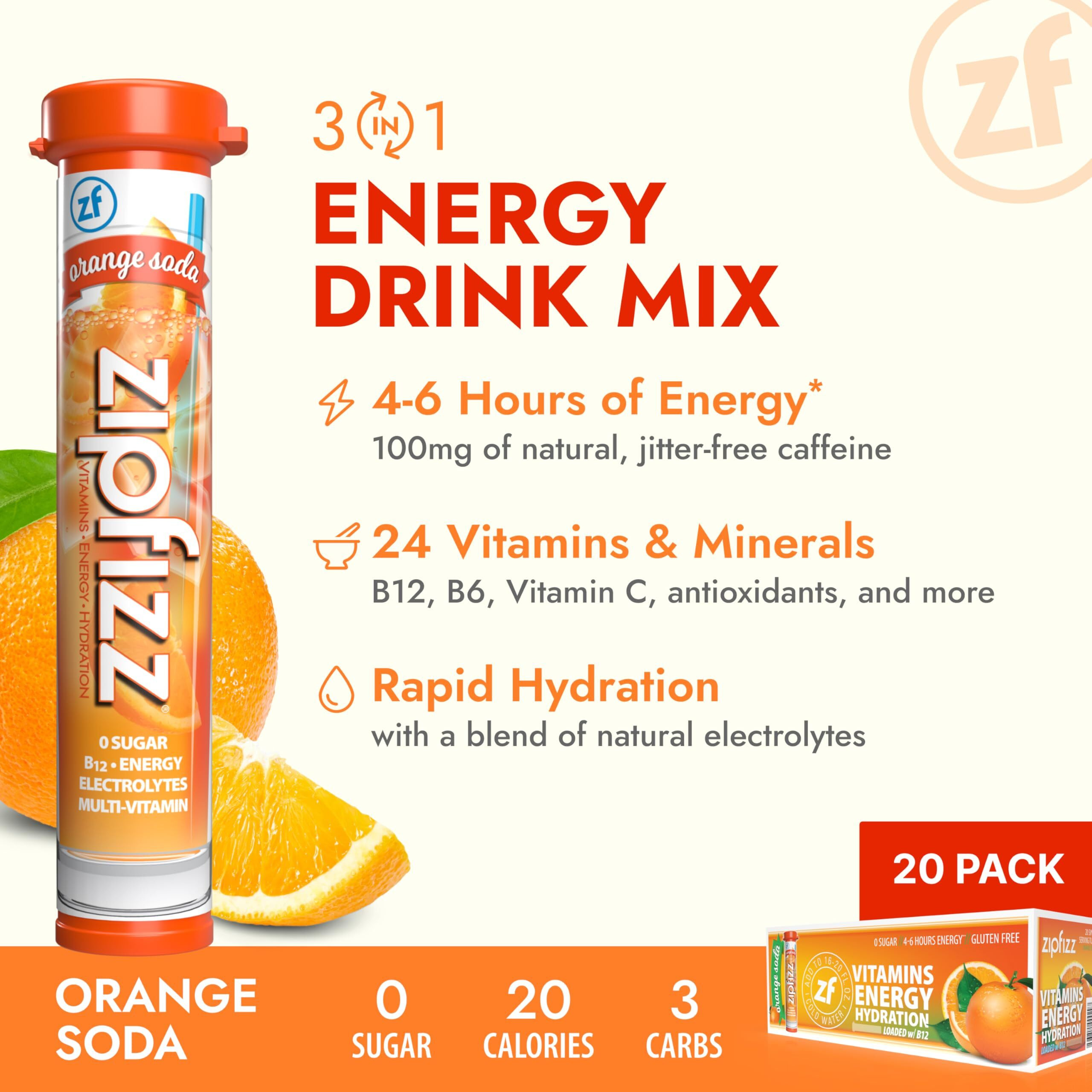 Zipfizz Daily Energy Drink Powder, Orange Soda, 12 Pack, 3-In-1 Sustained Energy, Rapid Hydration, And Essential Vitamins, Sugar-Free, Electrolyte Powder, Contains Vitamin B-12 & Antioxidants