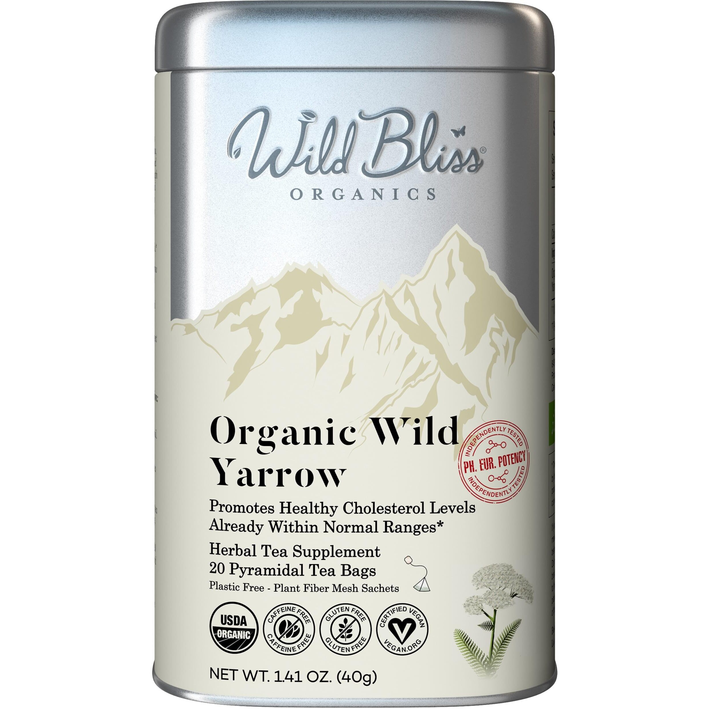 Organic Yarrow Tea - Caffeine Free Herbal Tisane - Pharmacopoeia Potency - 20 Plant Based Tea Bags