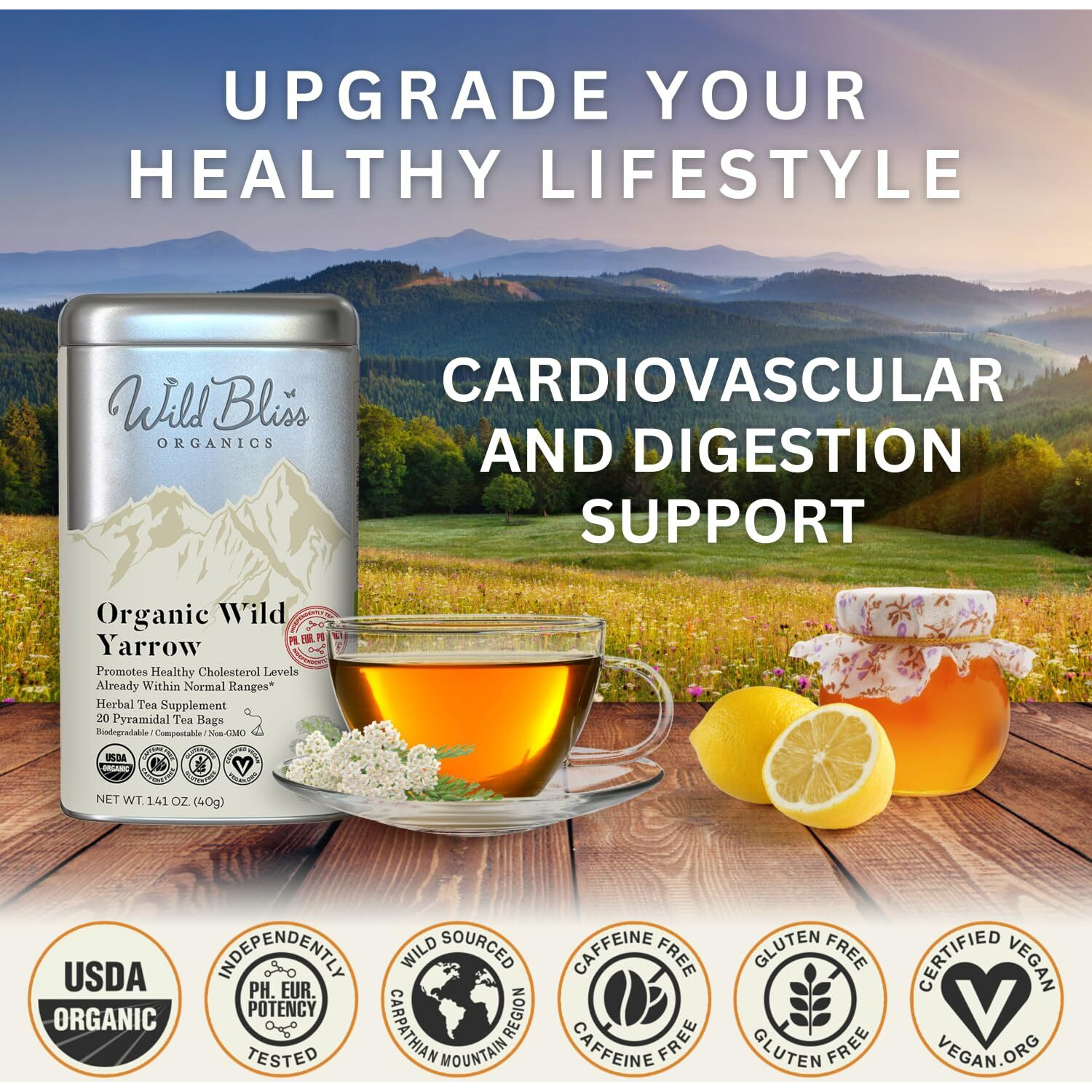 Organic Yarrow Tea - Caffeine Free Herbal Tisane - Pharmacopoeia Potency - 20 Plant Based Tea Bags