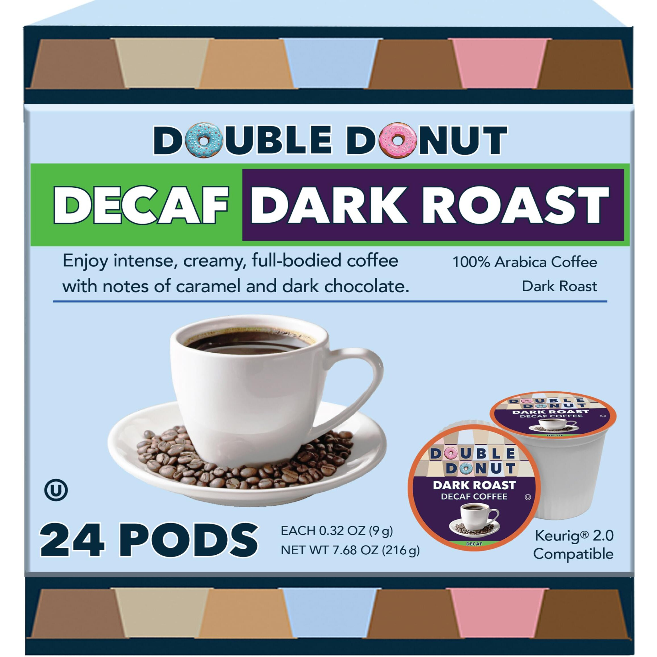 Double Donut Decaf Dark Roast Coffee Pods, Extra Bold Blend Coffee, Single Serve Coffee For Keurig K Cups Machines, Decaf Dark Roast Coffee In Recyclable Pods, 24 Count