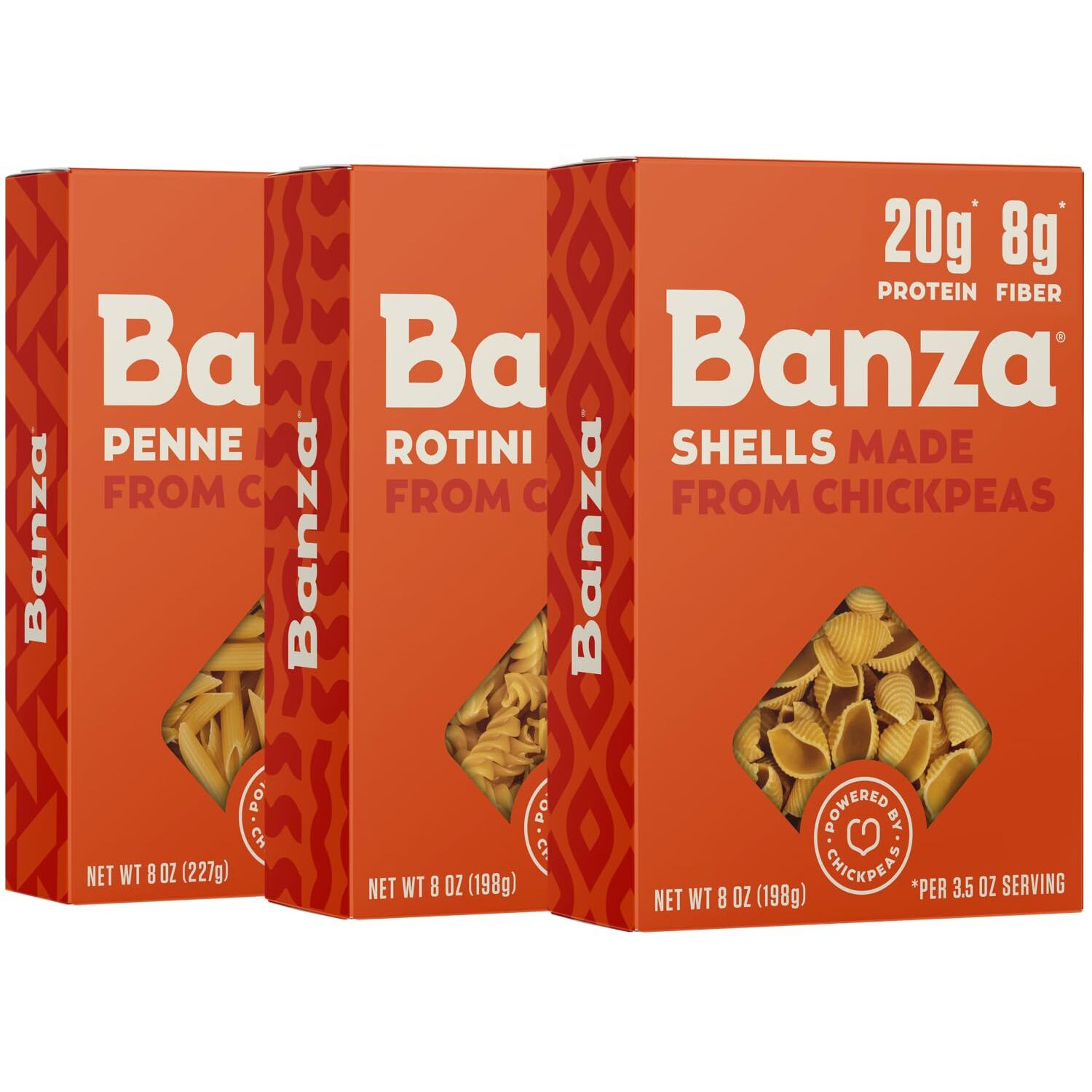 Banza Banza Chickpea Pasta, Variety Pack (1 Penne/1 Rotini/1 Shells) - Gluten Free Healthy Pasta, High Protein, Lower Carb And Non-Gmo, 8 Ounce (Pack Of 3)