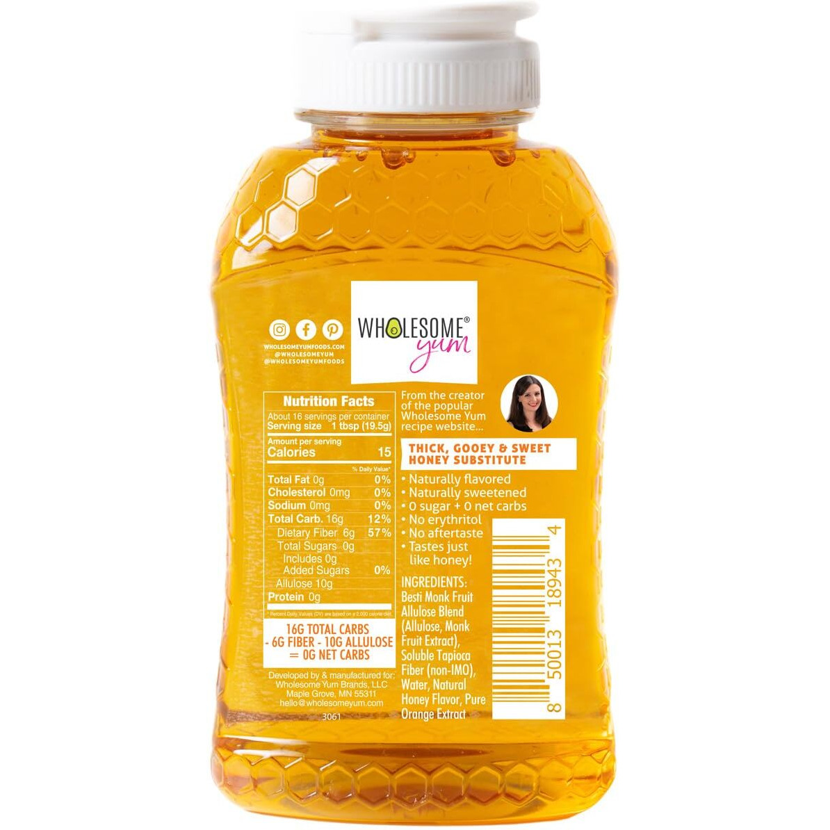 Wholesome Yum Orange Zero Sugar Honey Substitute (Keto Honey) - Natural Sugar Free Honey Alternative With Monk Fruit & Allulose - 0 Net Carbs, Non-Gmo, Gluten Free, No Aftertaste (11 Oz)