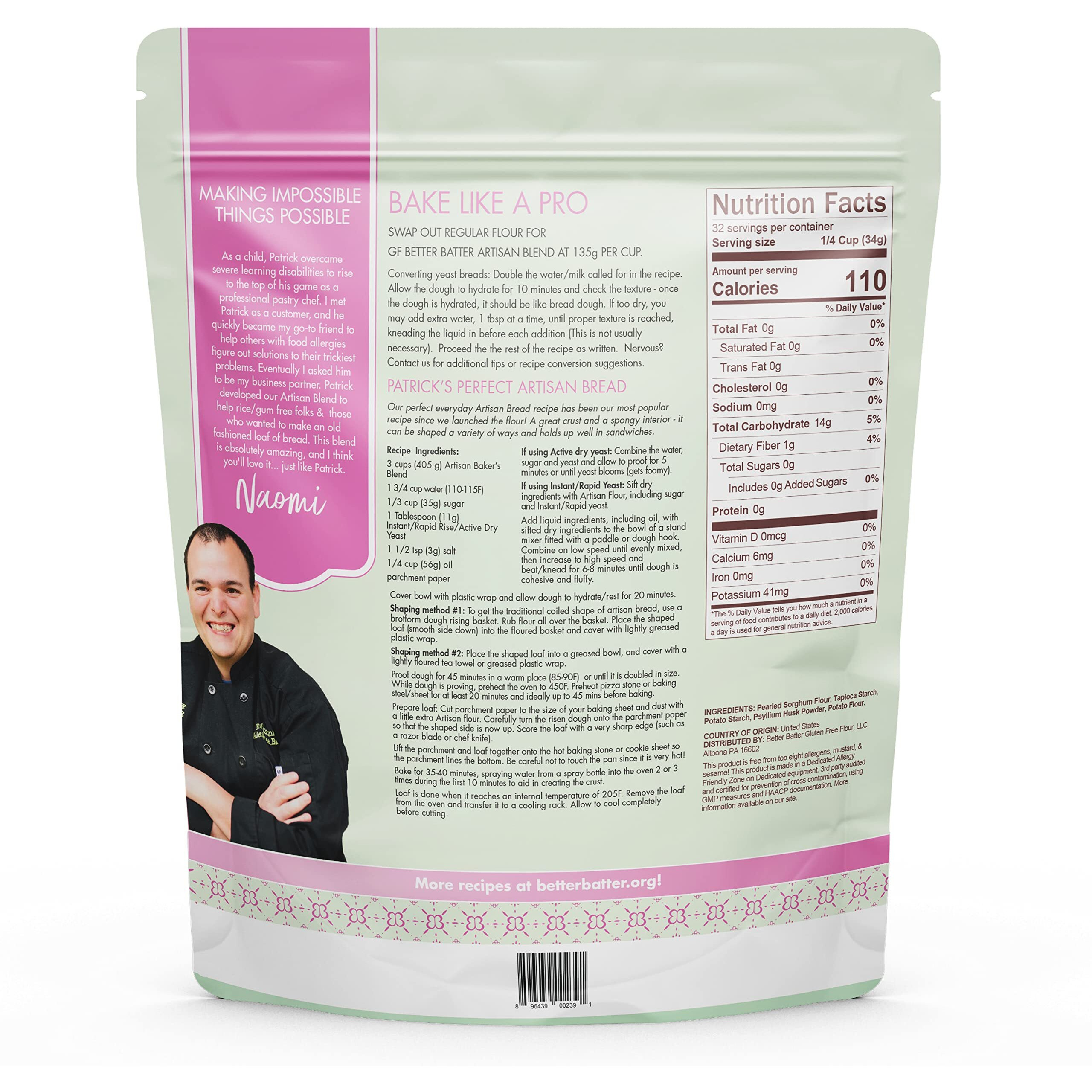 Better Batter Artisan Flour Blend Gluten Free - Award Winning Nutritious, Vegan, Allergen Free, Keto Friendly, Low Carb, & Kosher - Cup For Cup Alternative All-Purpose Baking, Organic, Non-Gmo, 2.5Lbs