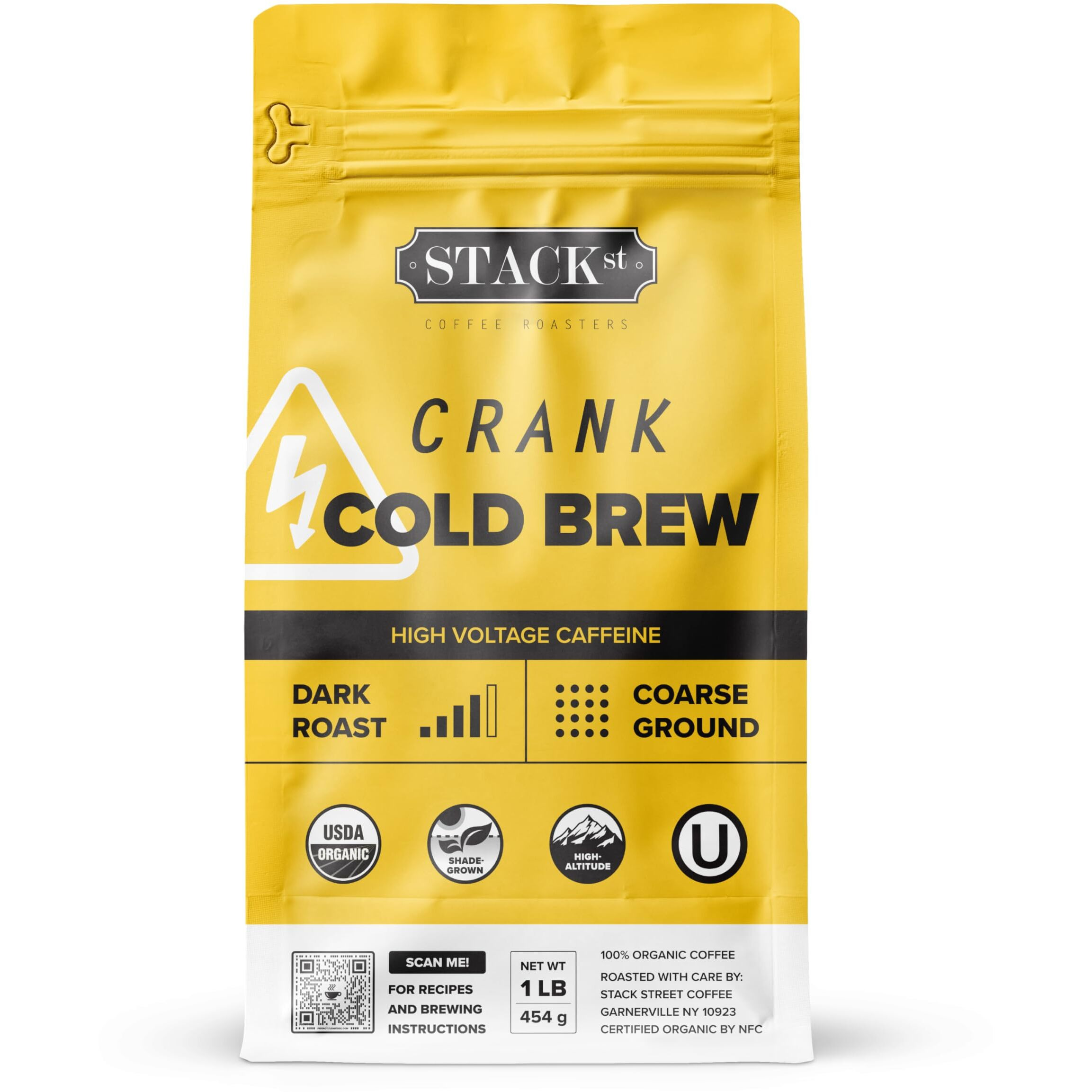 Organic Cold Brew Coffee Coarse Ground 1 Lb - Crank High Voltage Caffeine Dark Roast, Coarse Grind - By Stack Street