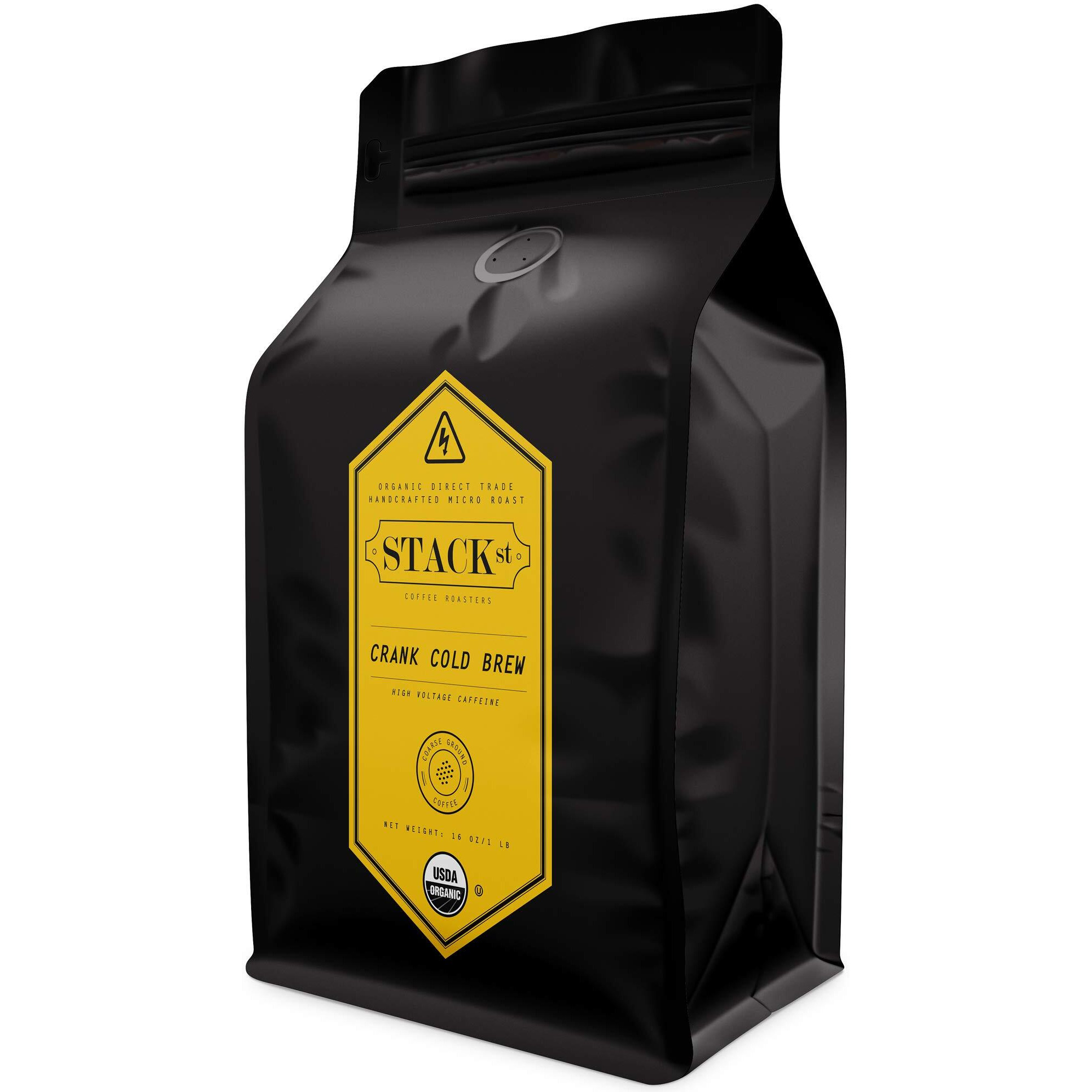 Organic Cold Brew Coffee Coarse Ground 1 Lb - Crank High Voltage Caffeine Dark Roast, Coarse Grind - By Stack Street