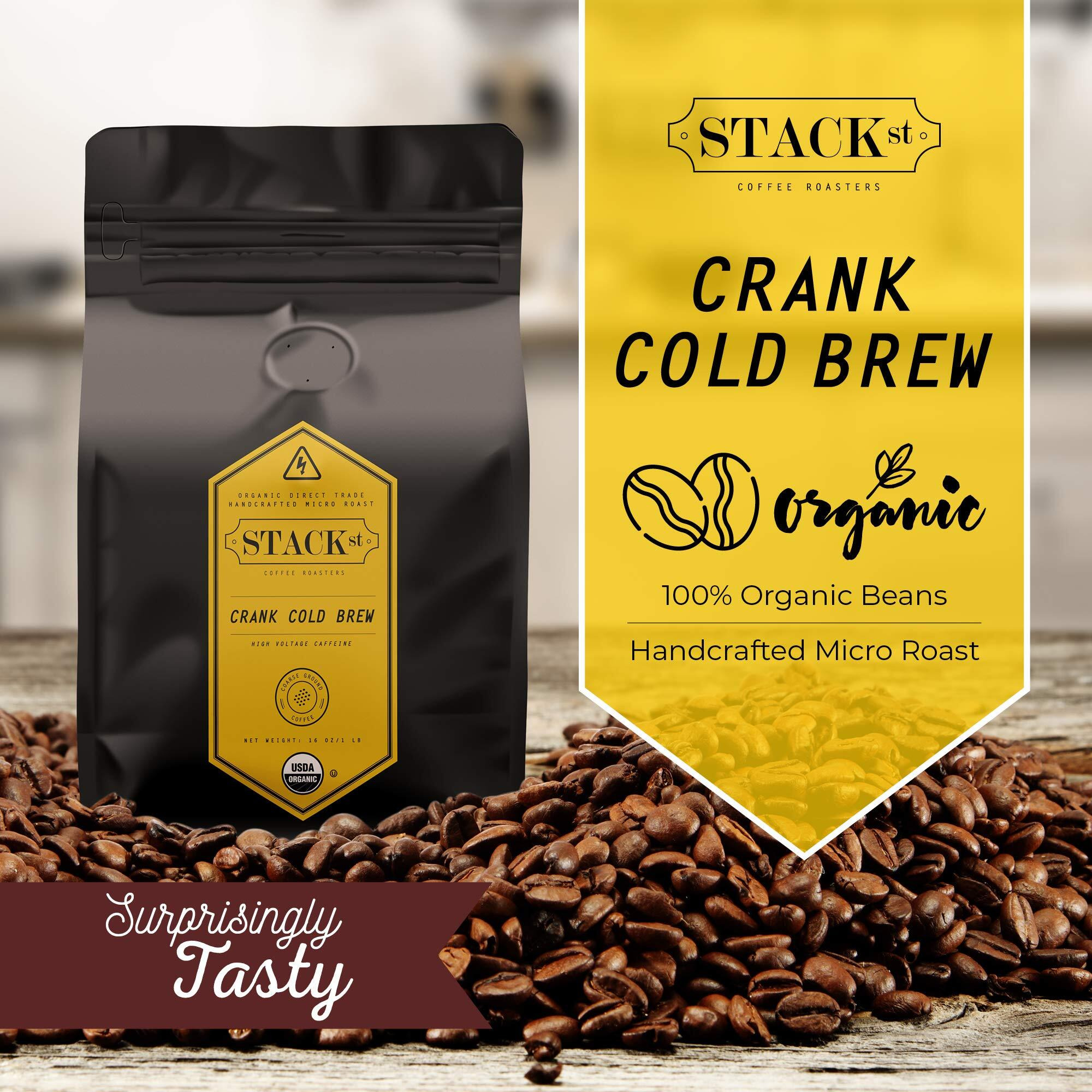 Organic Cold Brew Coffee Coarse Ground 1 Lb - Crank High Voltage Caffeine Dark Roast, Coarse Grind - By Stack Street