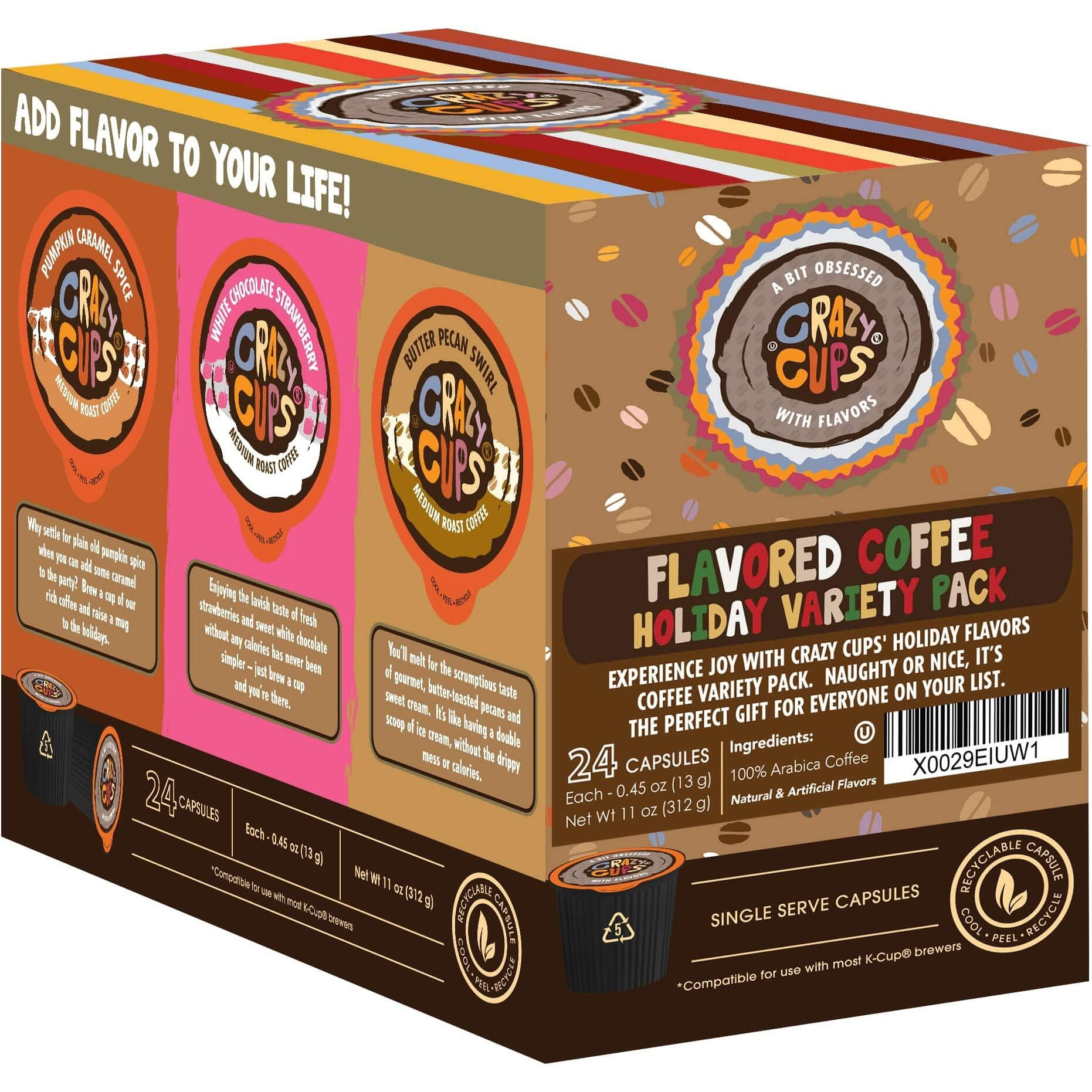 Crazy Cups Flavored Medium Roast Hot Or Iced Coffee, Variety Recyclable Pods For Keurig K Cup Brewers, 24 Count