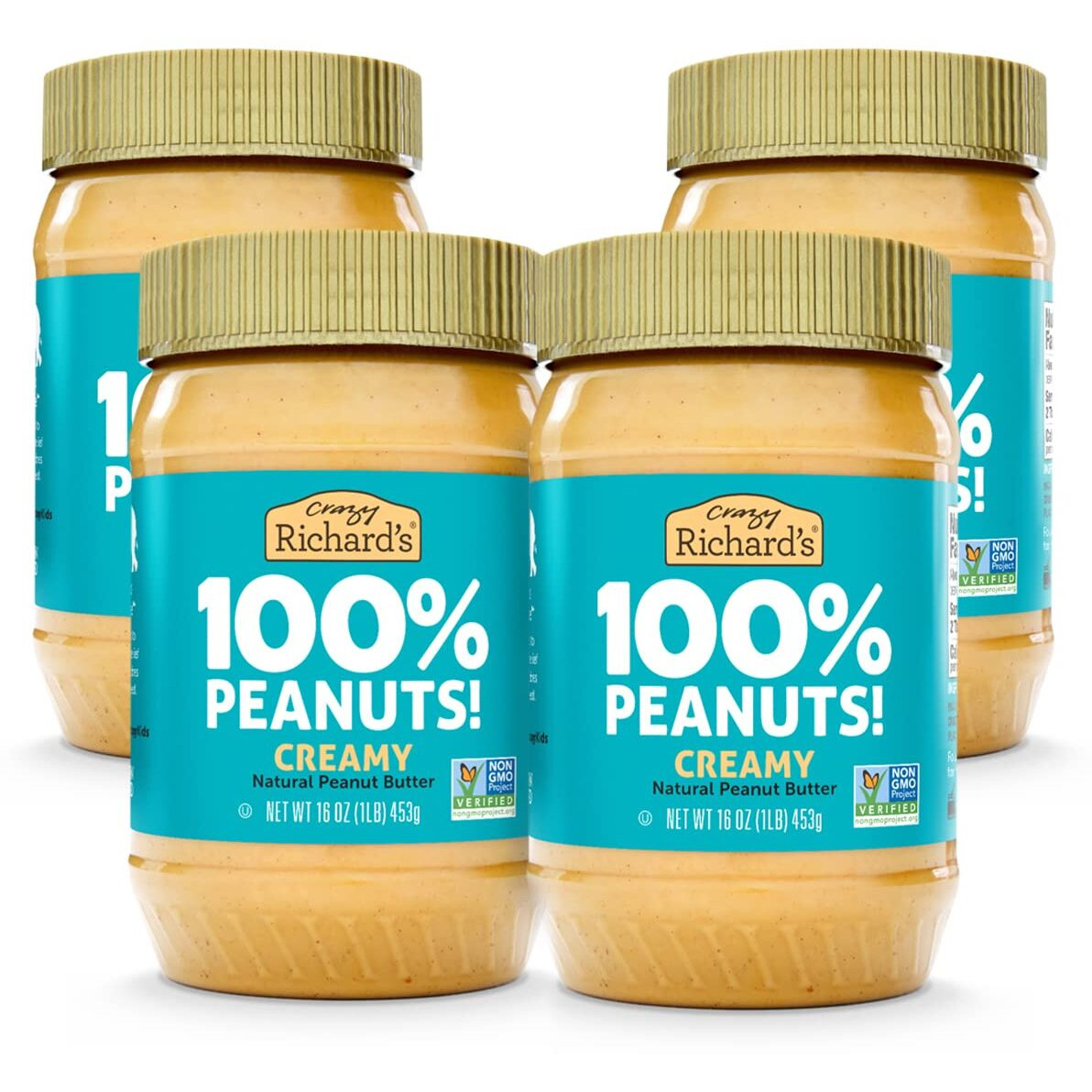 Crazy Richard's 100% All-Natural Creamy Vegan Peanut Butter With No Added Sugar And Non-Gmo (16 Ounce, Pack Of 4)