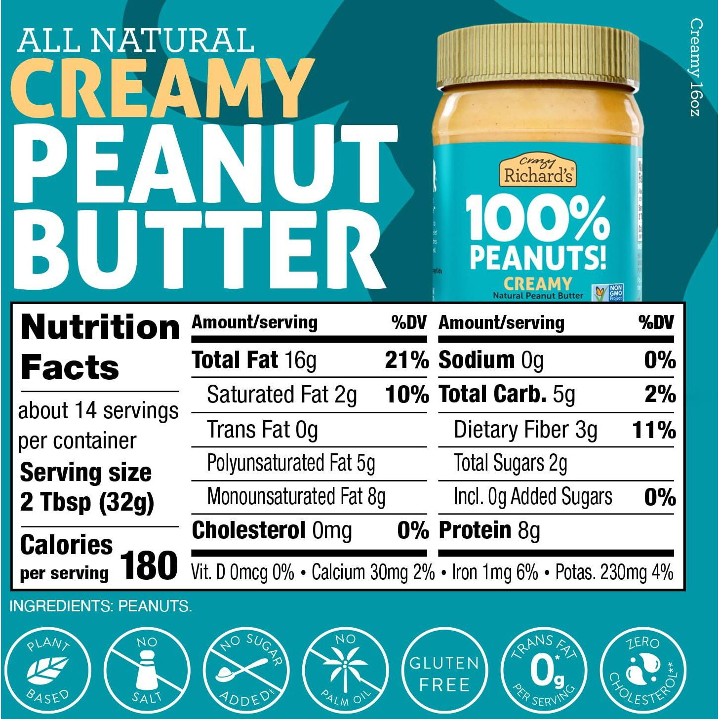 Crazy Richard's 100% All-Natural Creamy Vegan Peanut Butter With No Added Sugar And Non-Gmo (16 Ounce, Pack Of 4)