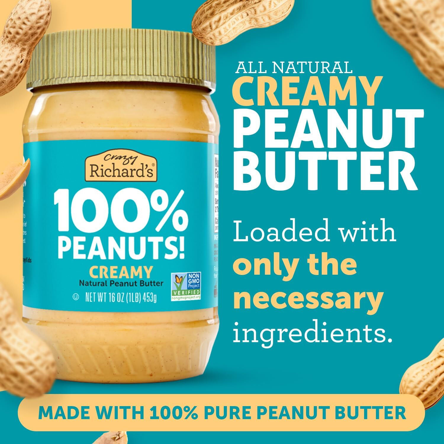 Crazy Richard's 100% All-Natural Creamy Vegan Peanut Butter With No Added Sugar And Non-Gmo (16 Ounce, Pack Of 4)