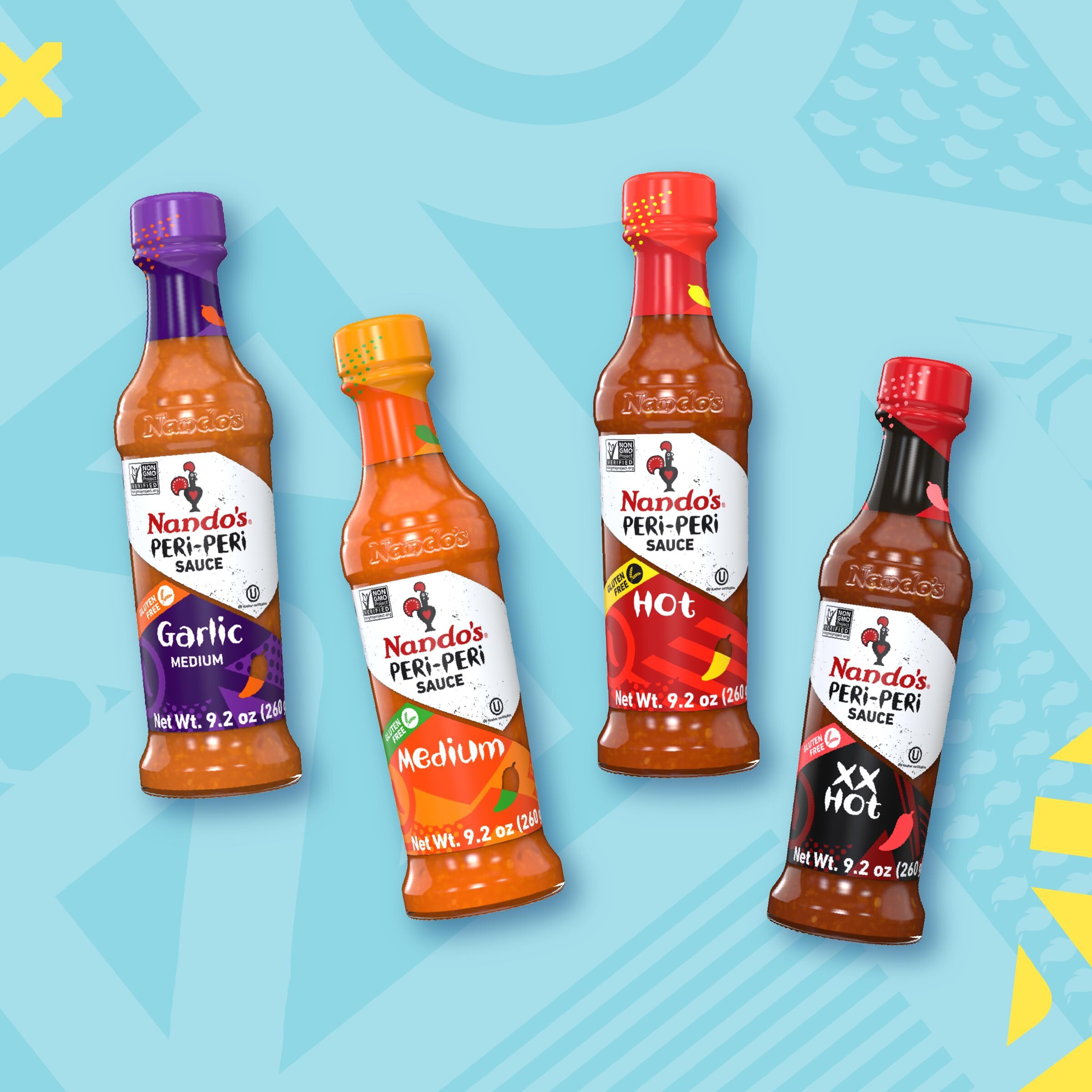 Nando's Peri Peri Hot Sauce Lovers Pack - Garlic, Medium, Hot, Extra Extra Hot Piri Piri Sauce Set - 9.1Oz Bottles, 4Pk