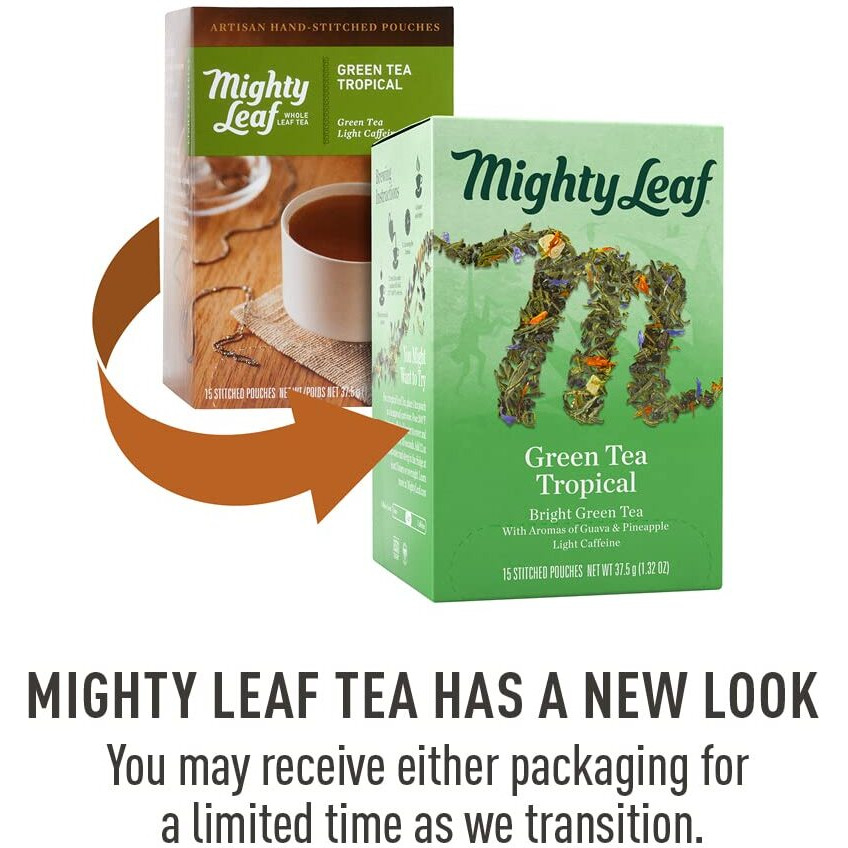 Mighty Leaf Tea, Green Whole Leaf Tea Bags - Green Tea Tropical - Light Caffeine - Blended With Pineapple, Guava & Tropical Fruit Flavors - 15 Count