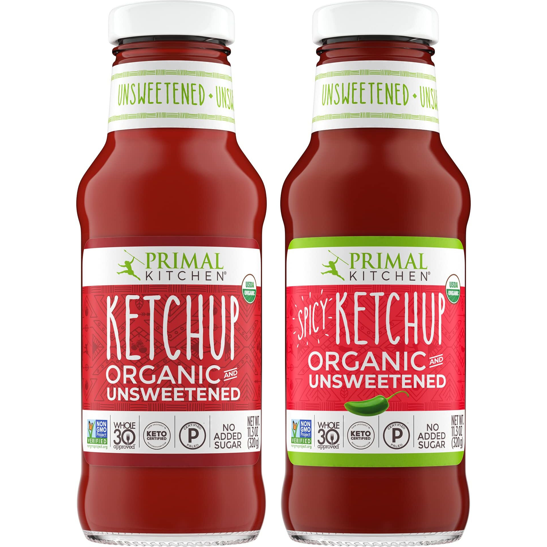 Primal Kitchen Organic Ketchup Variety Pack, Original Unsweetened And Spicy, No Cane Sugar Or Corn Syrup, 11.3 Ounces, Pack Of 2