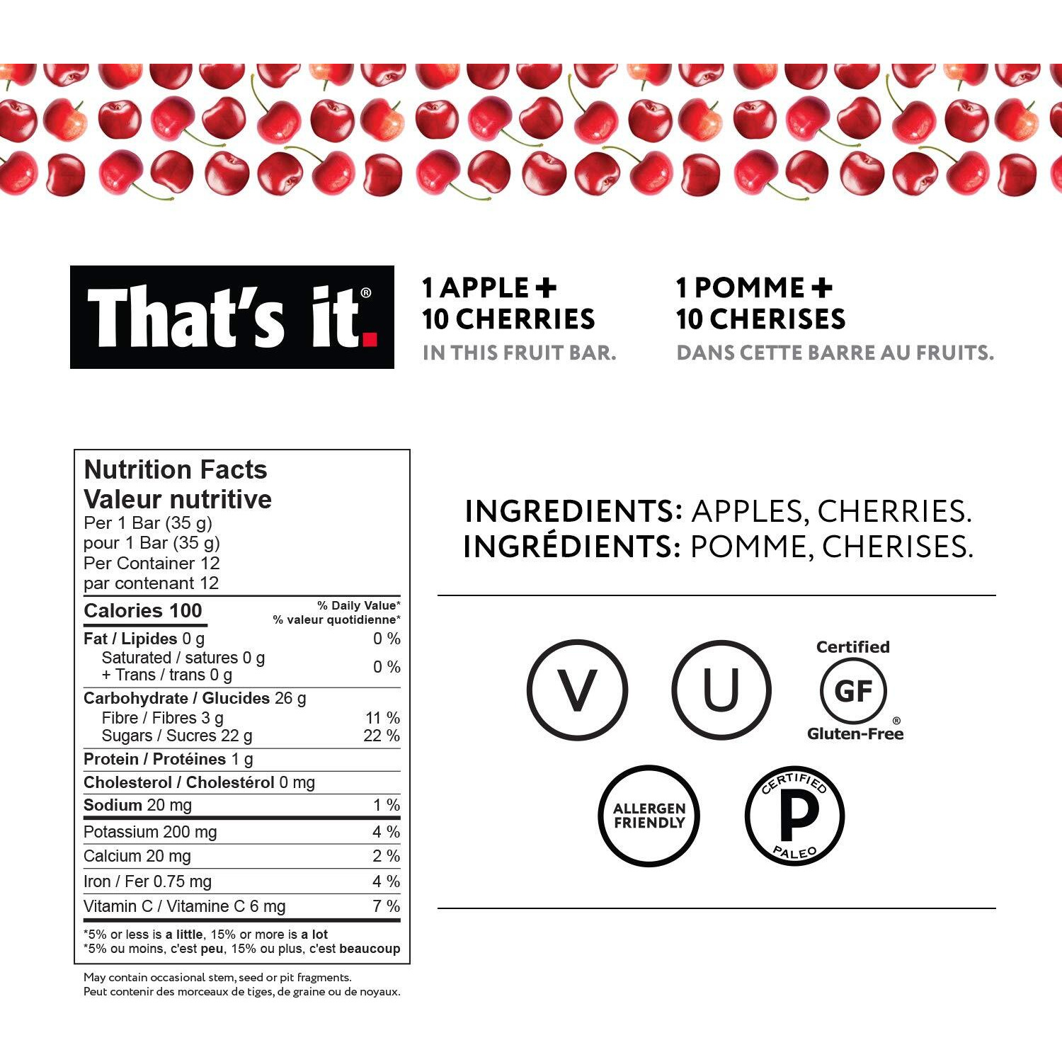 That's It. Apples + Cherry 100% Natural Real Fruit Bar, Best High Fiber Vegan, Gluten Free Healthy Snack, Paleo For Children & Adults, Non Gmo Sugar-Free, No Preservatives Energy Food (Pack Of 12)