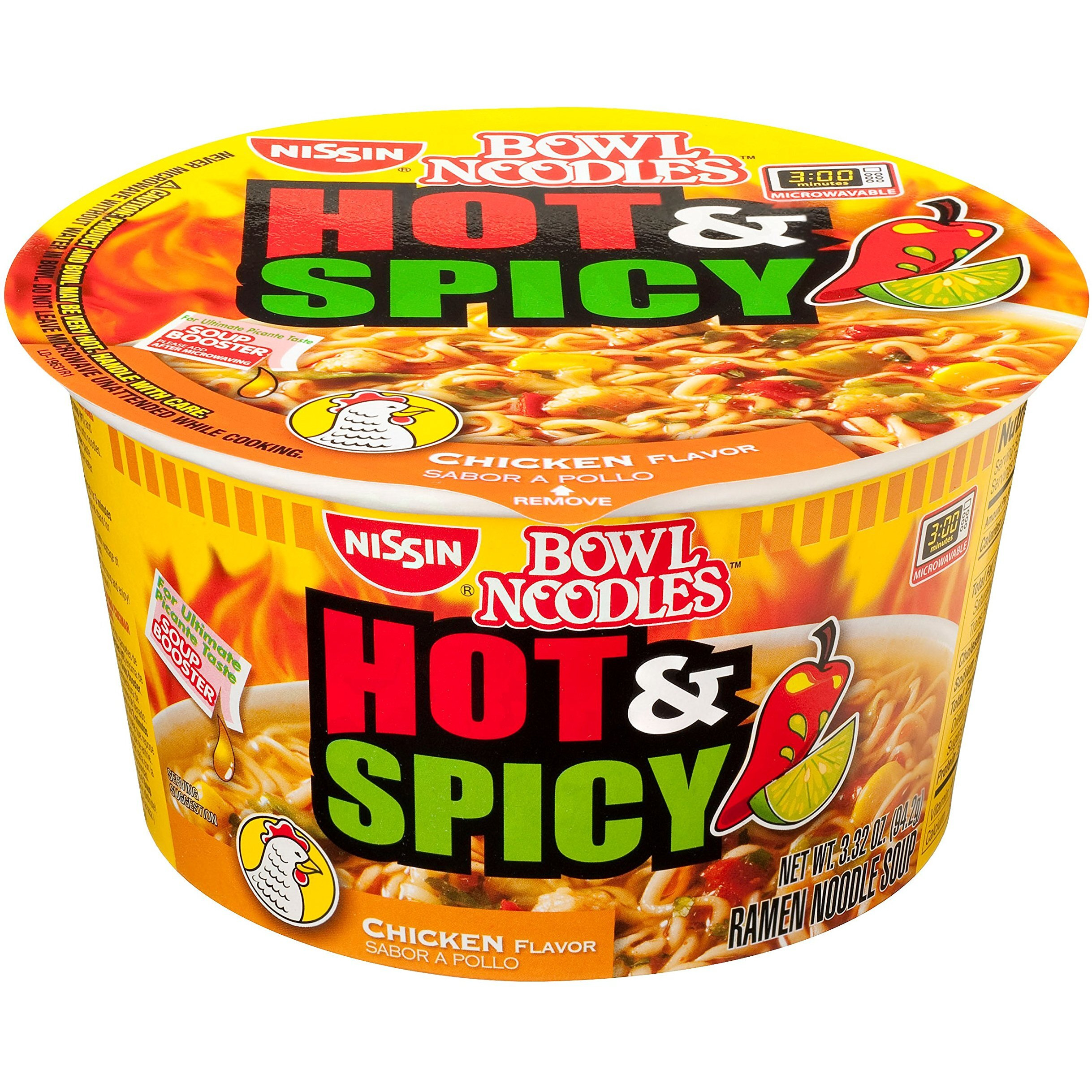 Nissin Hot And Spicy Bowl Noodles Chicken, 3.32 Ounce (Pack Of 12)