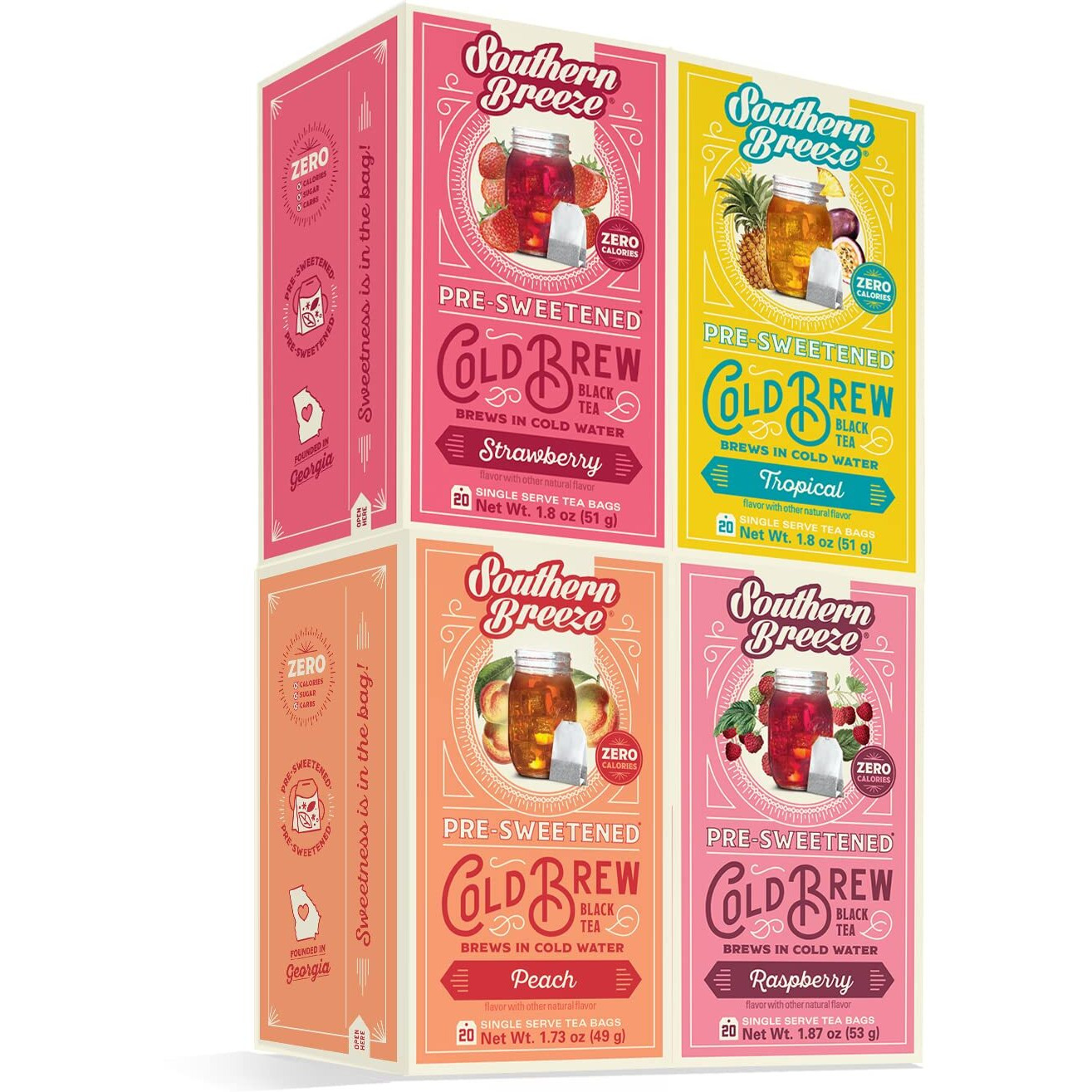 Southern Breeze Cold Brew Sweet Tea Variety Pack Iced Tea With Black Tea And Zero Carbs Zero Sugar, 20 Individually Wrapped Tea Bags, Pack Of 4 Strawberry, Peach, Raspberry And Tropical