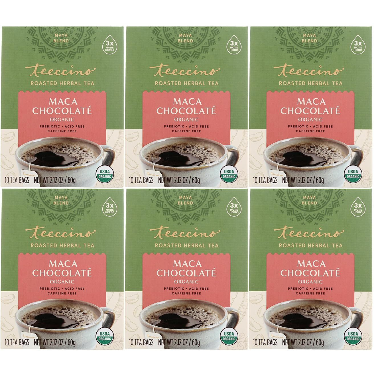Teeccino Maca Chocolat   Herbal Tea - Rich & Roasted Herbal Tea Thats Caffeine Free & Prebiotic With Natural Energy From Adaptogenic Peruvian Maca, 10 Tea Bags (Pack Of 6)