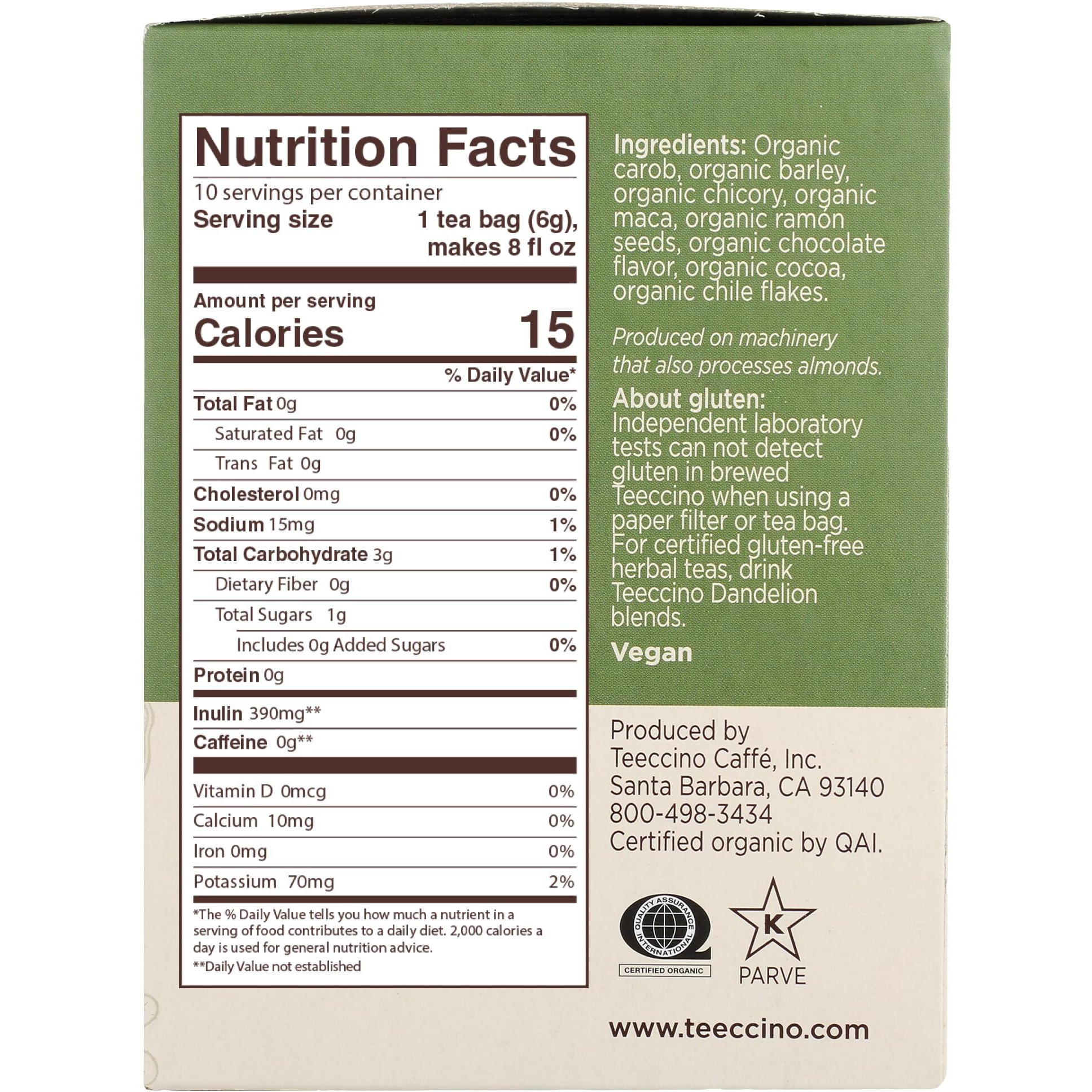 Teeccino Maca Chocolat   Herbal Tea - Rich & Roasted Herbal Tea Thats Caffeine Free & Prebiotic With Natural Energy From Adaptogenic Peruvian Maca, 10 Tea Bags (Pack Of 6)