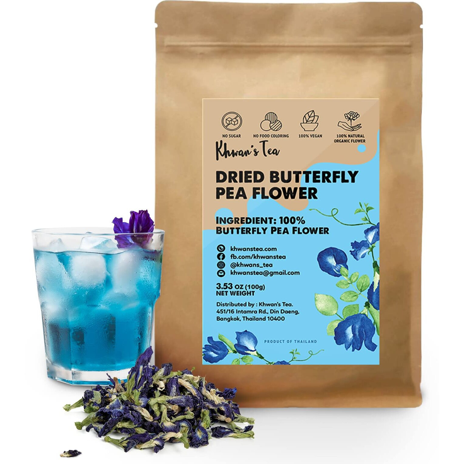 Khwan's Tea Dried Butterfly Pea Flowers Blue Tea Clitoria Ternatea Flower Herbal Tea Organic, Caffeine Free, Vegan Plant Based, Sourced From Thailand