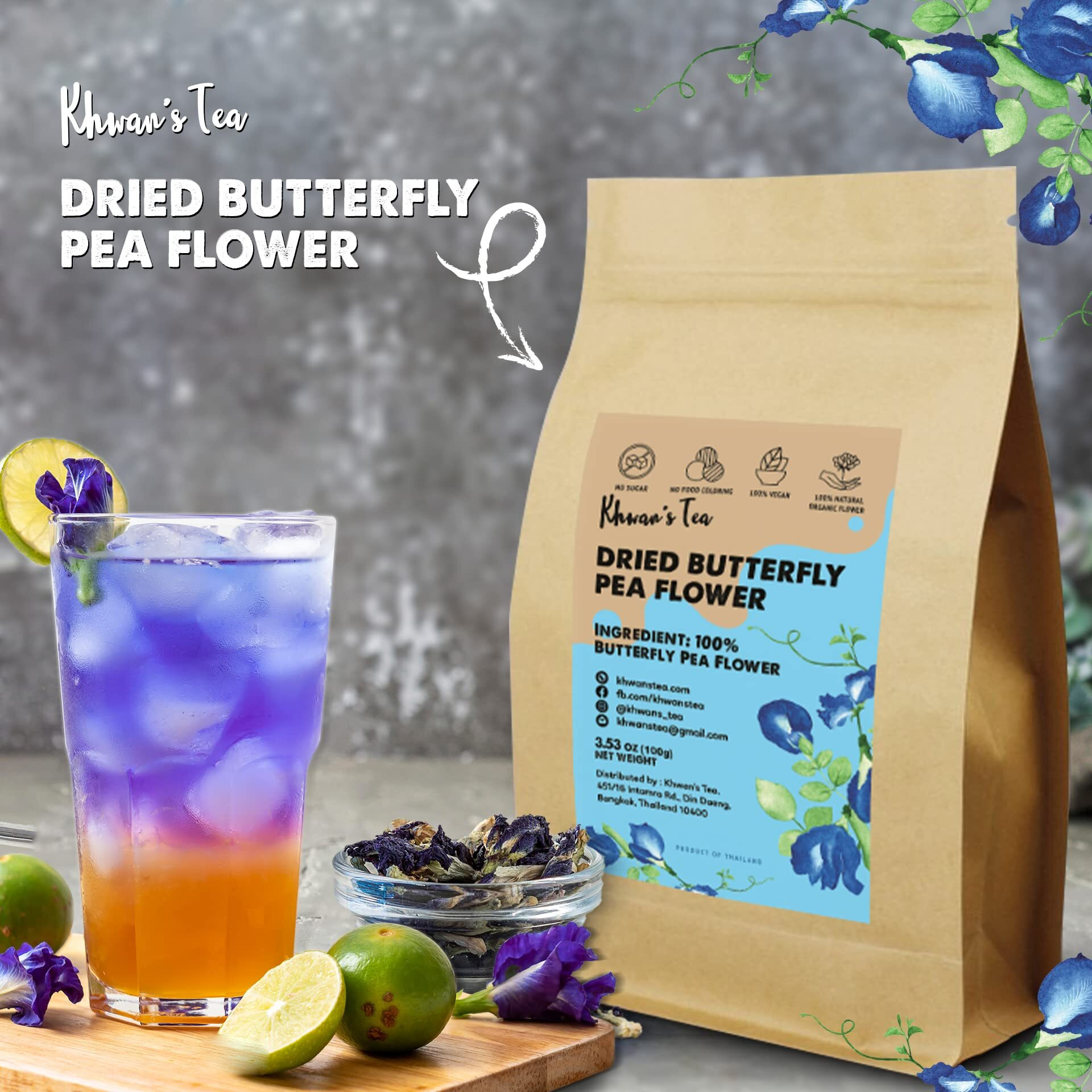 Khwan's Tea Dried Butterfly Pea Flowers Blue Tea Clitoria Ternatea Flower Herbal Tea Organic, Caffeine Free, Vegan Plant Based, Sourced From Thailand