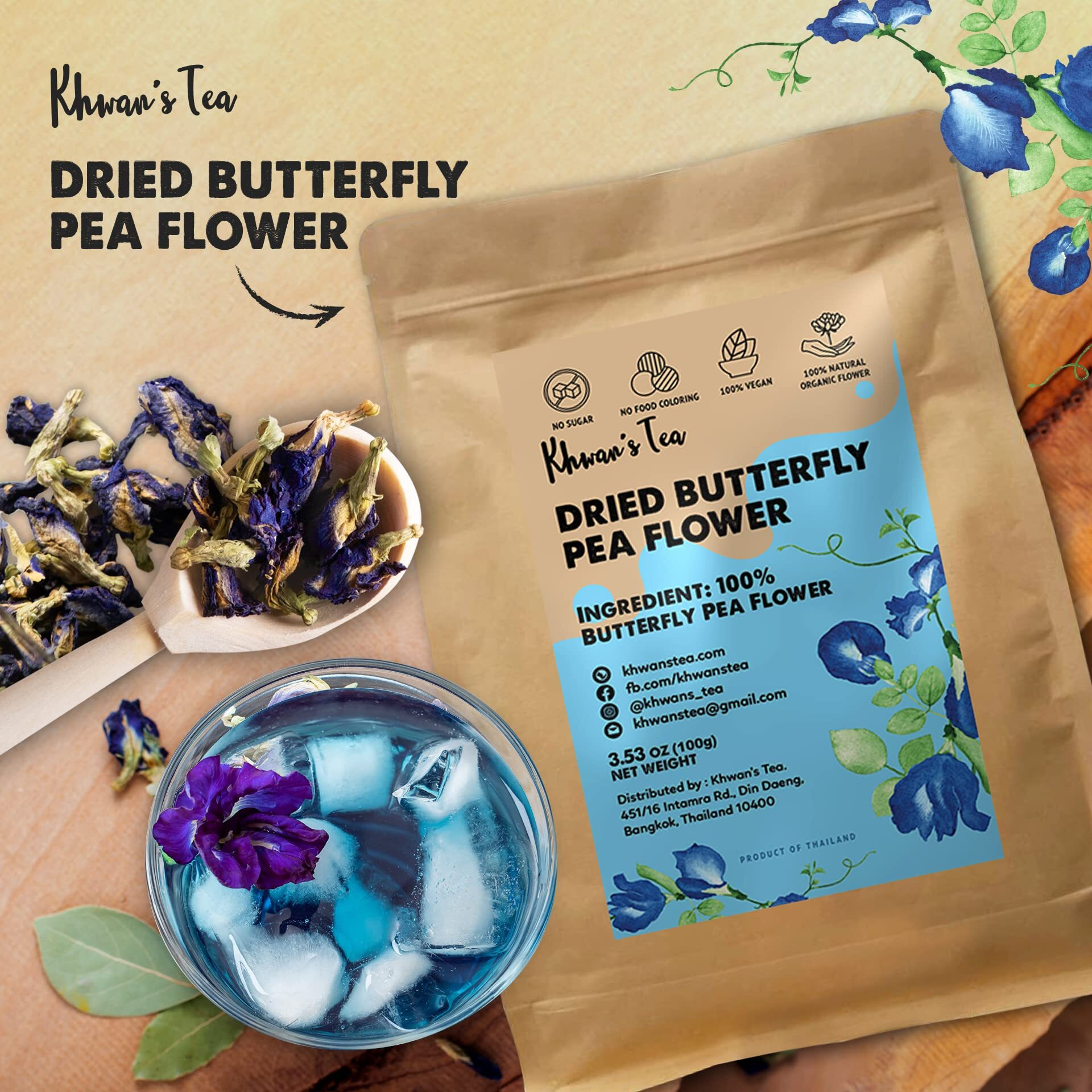Khwan's Tea Dried Butterfly Pea Flowers Blue Tea Clitoria Ternatea Flower Herbal Tea Organic, Caffeine Free, Vegan Plant Based, Sourced From Thailand