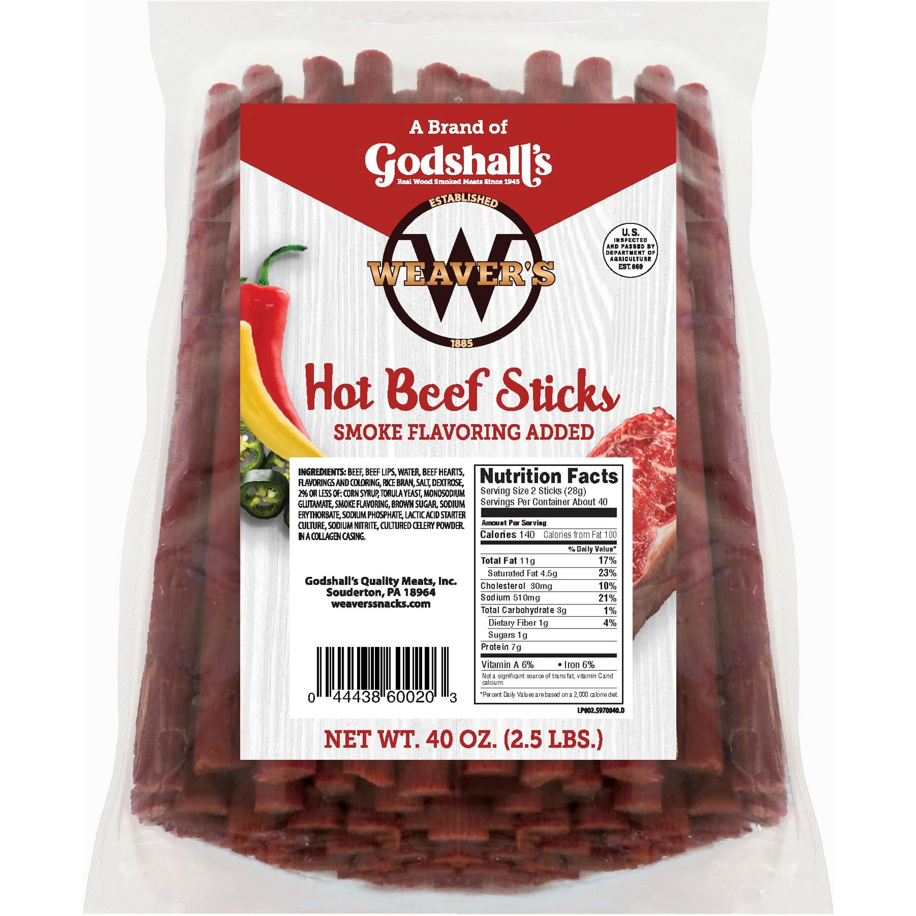 Weavers Hot Beef Sticks (80 Hot And Spicy 7    Beef Sticks Per 40Oz Bag)