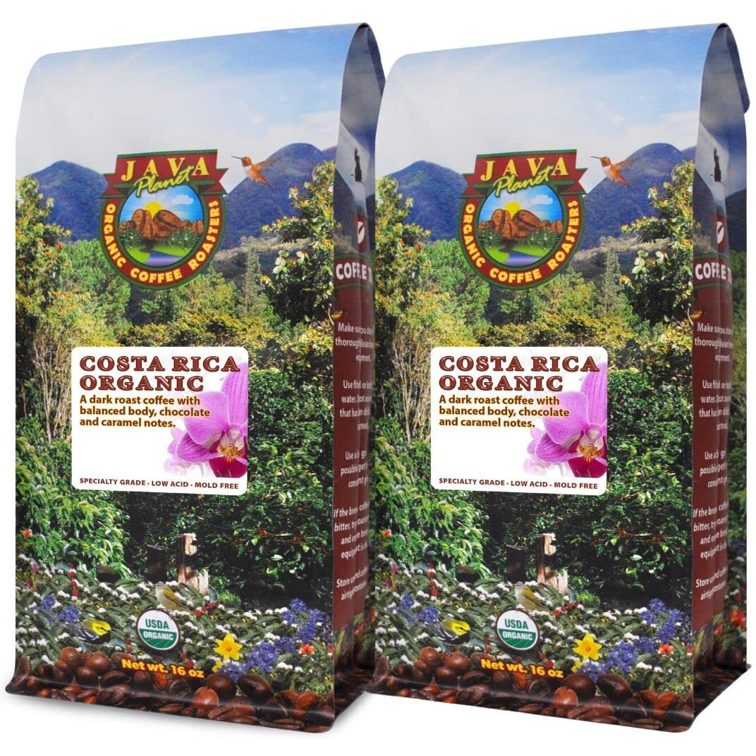 Java Planet Organic, Costa Rica Single Origin Dark Roast, Smooth Full Flavored Organic Coffee Beans, Low Acid, Whole Bean Coffee Two 1Lb Bags