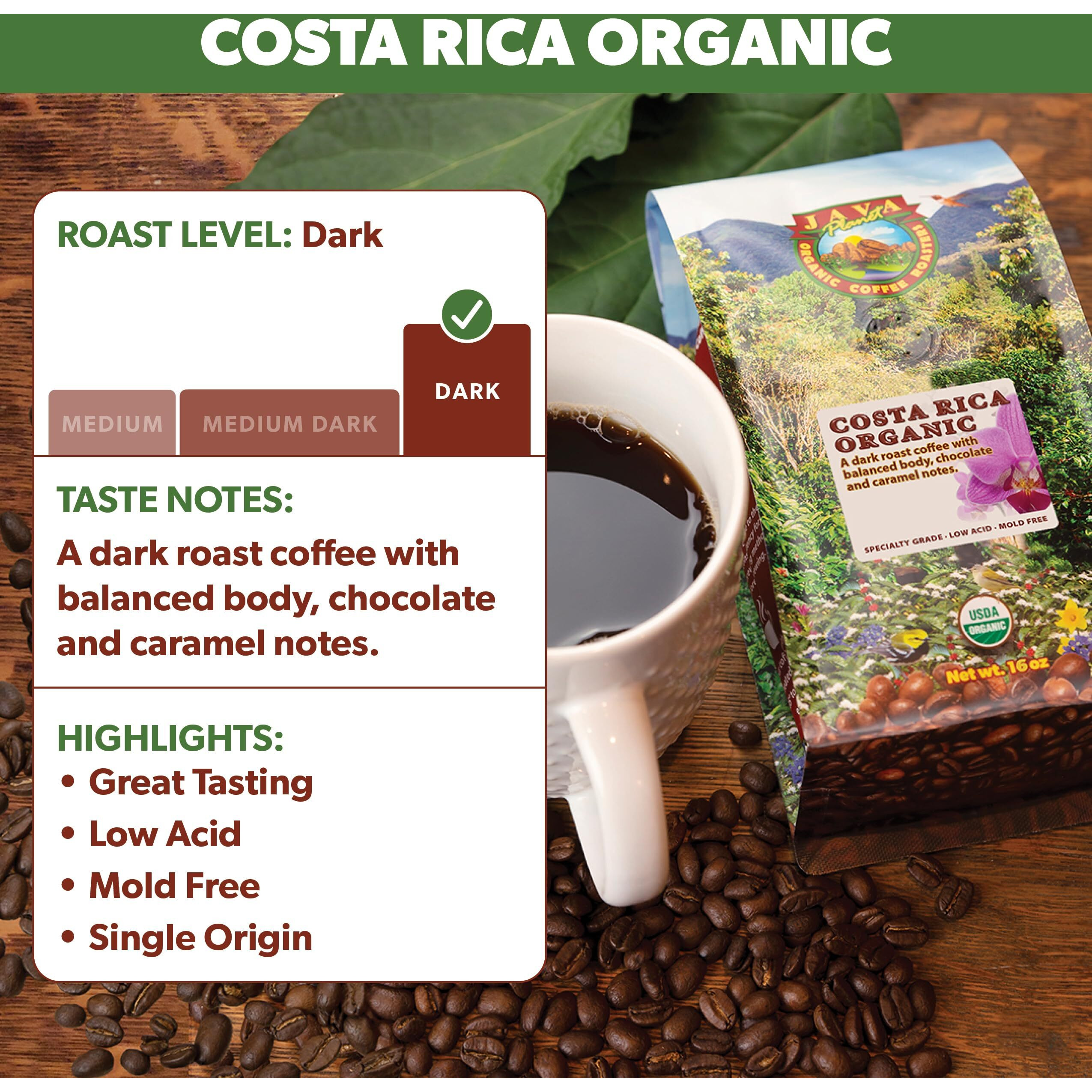 Java Planet Organic, Costa Rica Single Origin Dark Roast, Smooth Full Flavored Organic Coffee Beans, Low Acid, Whole Bean Coffee Two 1Lb Bags