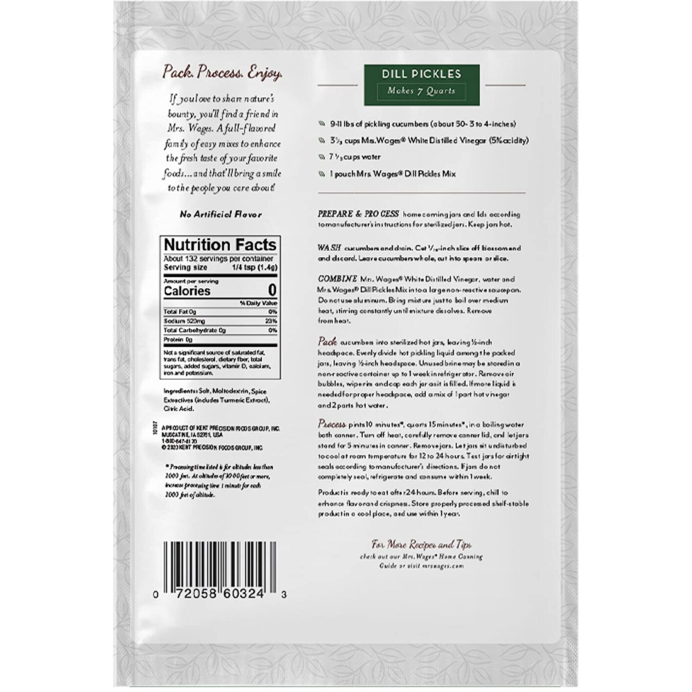 Mrs. Wages Dill Pickles Quick Process Mix, 6.5 Oz Pouch (Value Pack Of 6)