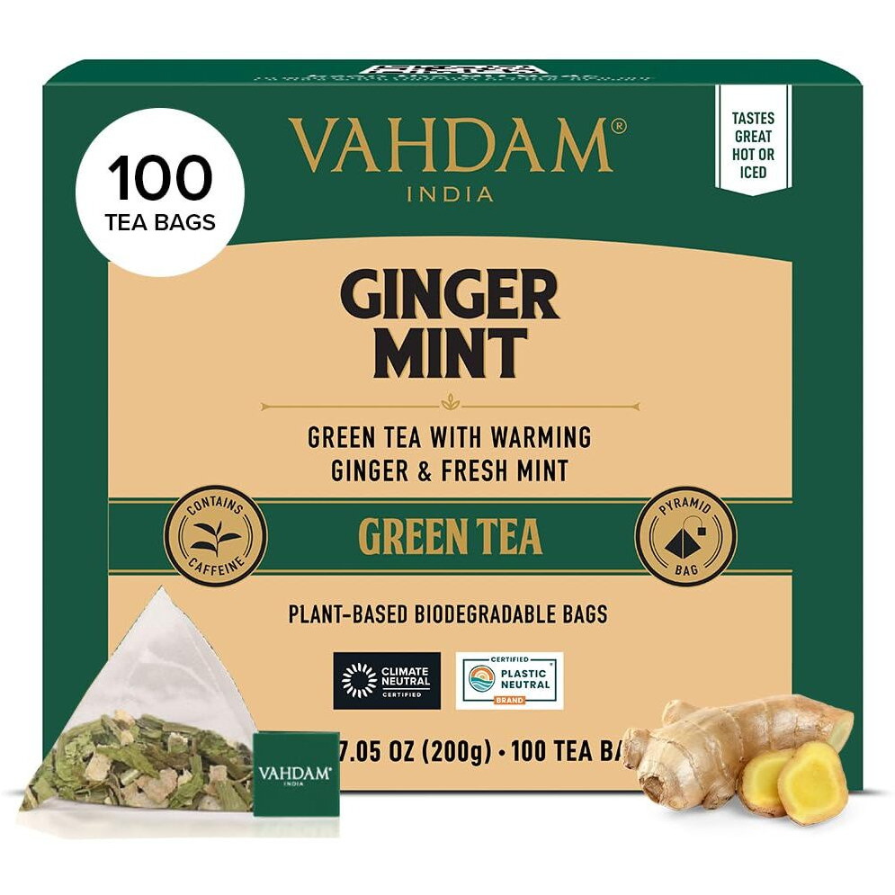 Vahdam, Ginger Mint Green Tea Bags (100 Count) High Grown Green Tea With Raw Ginger | Medium Caffeine | Non Gmo, Gluten Free | Mint Tea Bags | Resealable Ziplock Pouch