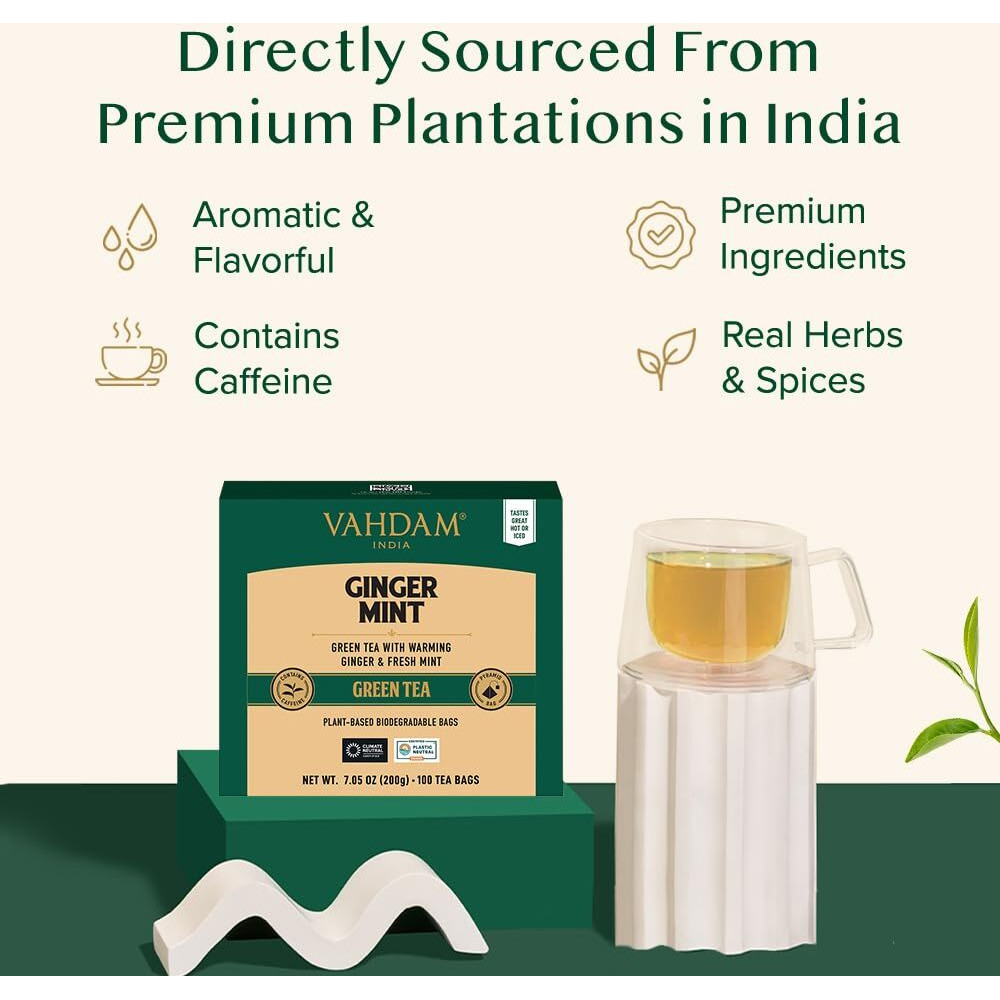 Vahdam, Ginger Mint Green Tea Bags (100 Count) High Grown Green Tea With Raw Ginger | Medium Caffeine | Non Gmo, Gluten Free | Mint Tea Bags | Resealable Ziplock Pouch