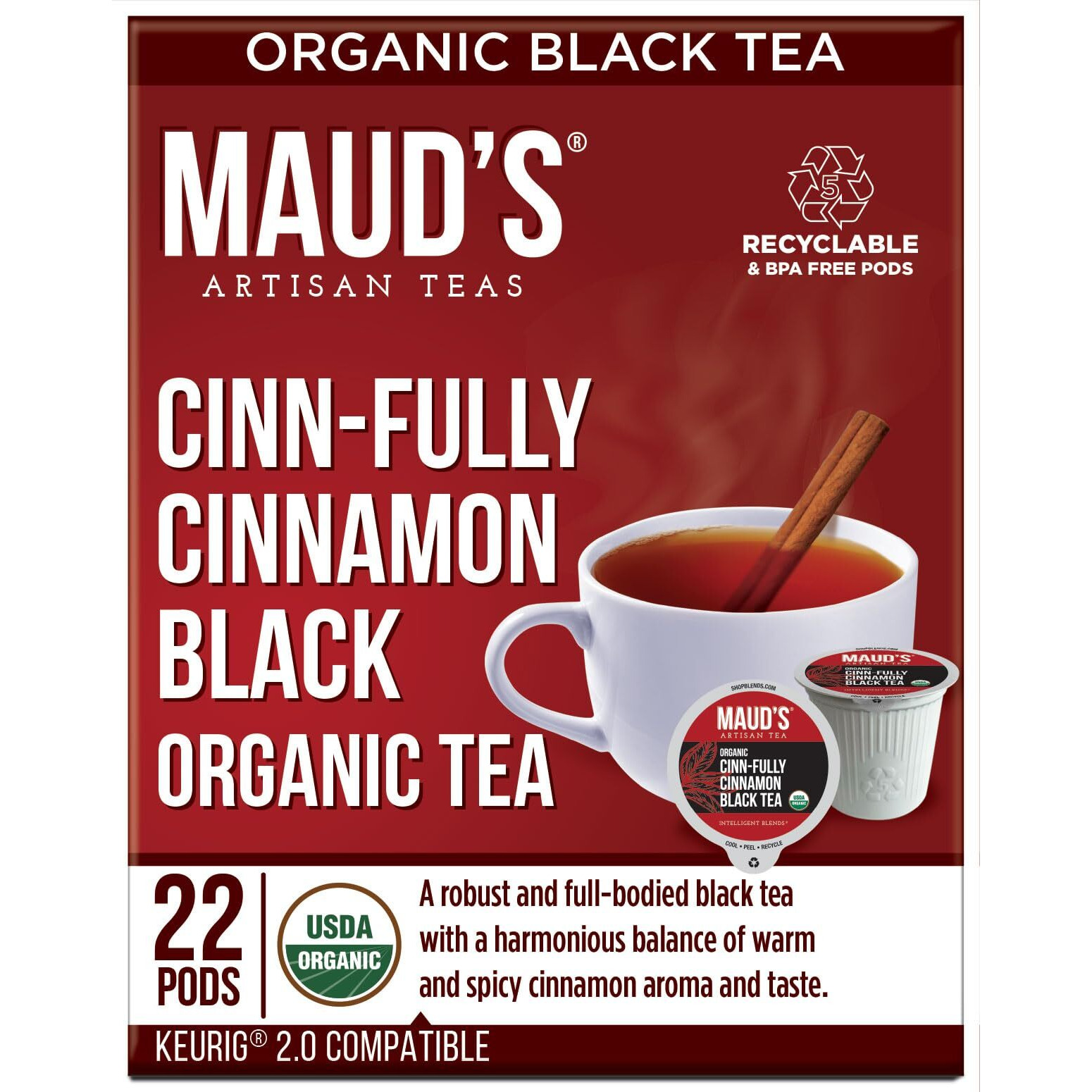 Maud's Cinnamon Organic Black Tea Pods, 22Ct | Cinn-Fully Cinnamon Tea | Hot Cinnamon Spice Tea | Solar Energy Produced Recyclable Single Serve Tea Pods Compatible With Keurig K-Cup Brewers