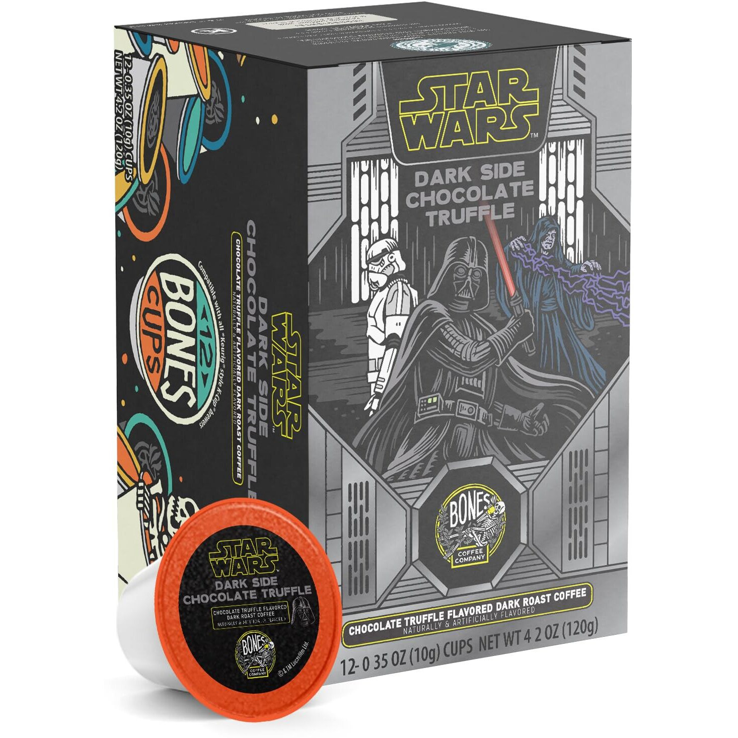 Bones Coffee Company Flavored Coffee Bones Cups Dark Side Chocolate Truffle Flavored Pods | 12Ct Single-Serve Coffee Pods Star Wars Inspired Coffee