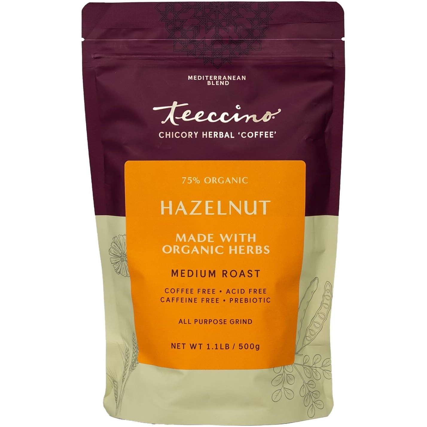 Teeccino Hazelnut Chicory Coffee Alternative - Ground Herbal Coffee Thats Prebiotic, Caffeine Free & Acid Free, Medium Roast, 1.1 Pound