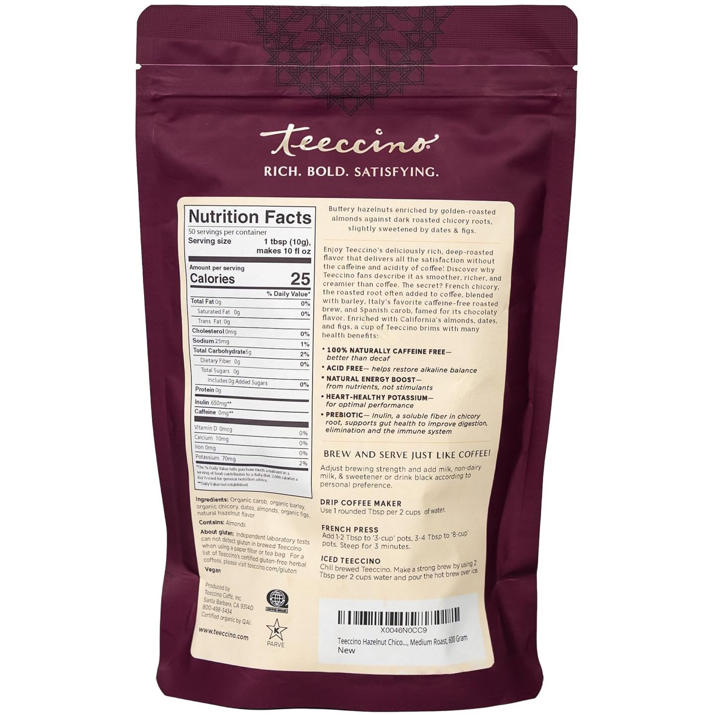 Teeccino Hazelnut Chicory Coffee Alternative - Ground Herbal Coffee Thats Prebiotic, Caffeine Free & Acid Free, Medium Roast, 1.1 Pound