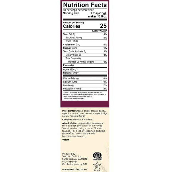 Teeccino Hazelnut Chicory Coffee Alternative - Ground Herbal Coffee Thats Prebiotic, Caffeine Free & Acid Free, Medium Roast, 1.1 Pound