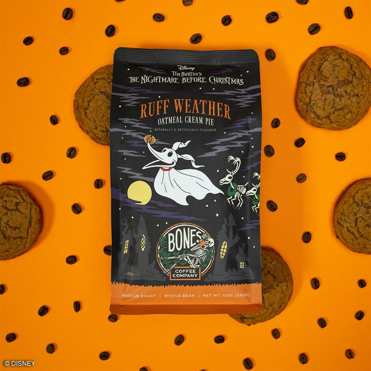 Bones Coffee Company Ruff Weather Flavored Whole Coffee Beans Oatmeal Creampie Flavor, Made With Arabica Coffee Beans, Medium Roast Coffee Inspired By The Nightmare Before Christmas (12 Oz)