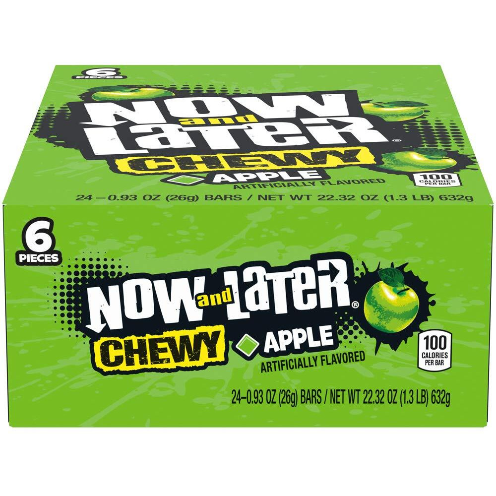 Now & Later Soft Taffy Chews Candy, Apple, 0.93 Ounce Bar, Pack Of 24
