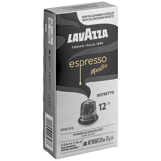 Lavazza Espresso Ristretto Dark Roast Arabica & Robusta Aluminum Capsules Compatible With Nespresso Original Machine, 10 Count, Intense And Full Bodied, Dark Crema, Intensity 12 Of 13