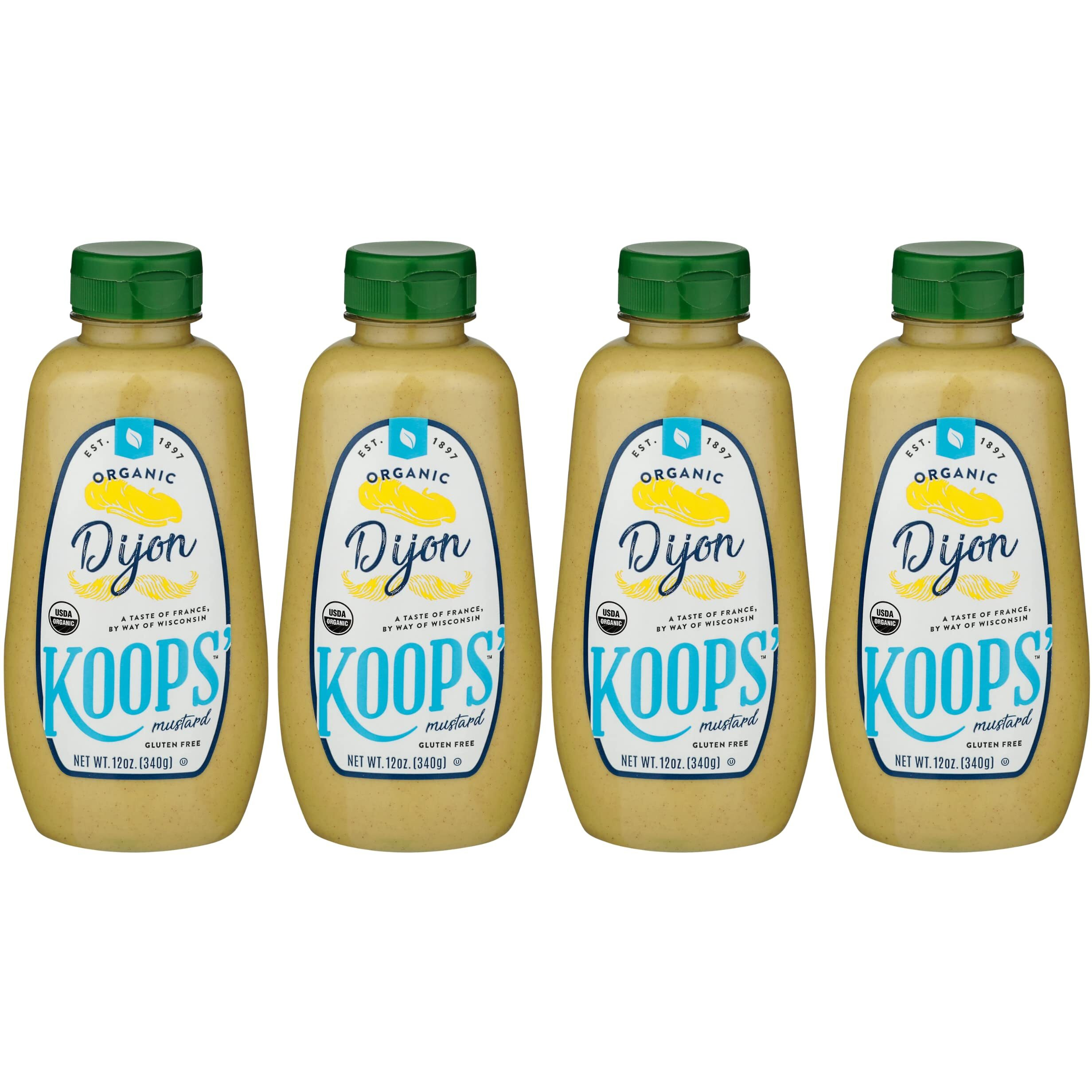 Koops' Organic Dijon Mustard - Dijon Seasoning, Gluten-Free, Kosher, Non-Gmo, Usda Certified Organic Mustard Sauce, Made In The Usa, From Quality Mustard Seeds- 12 Oz, Pack Of 4