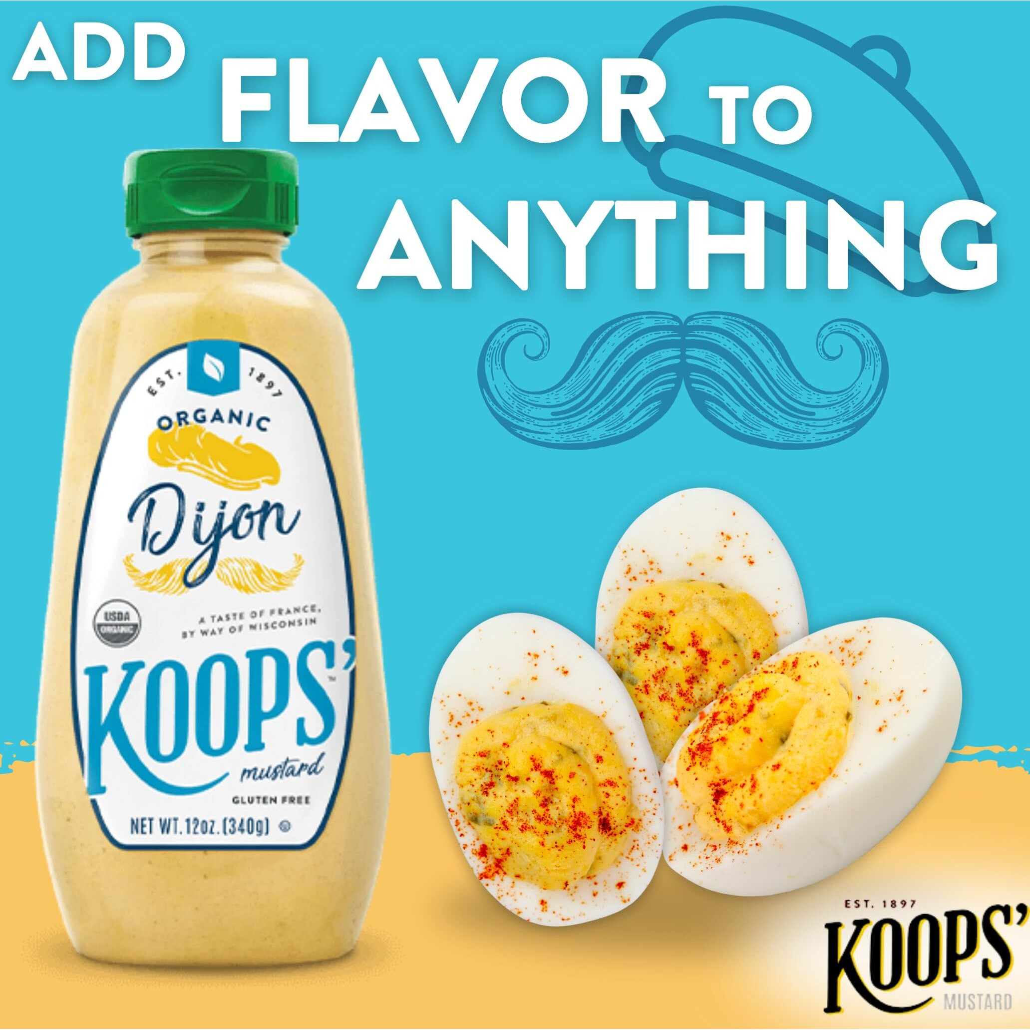 Koops' Organic Dijon Mustard - Dijon Seasoning, Gluten-Free, Kosher, Non-Gmo, Usda Certified Organic Mustard Sauce, Made In The Usa, From Quality Mustard Seeds- 12 Oz, Pack Of 4